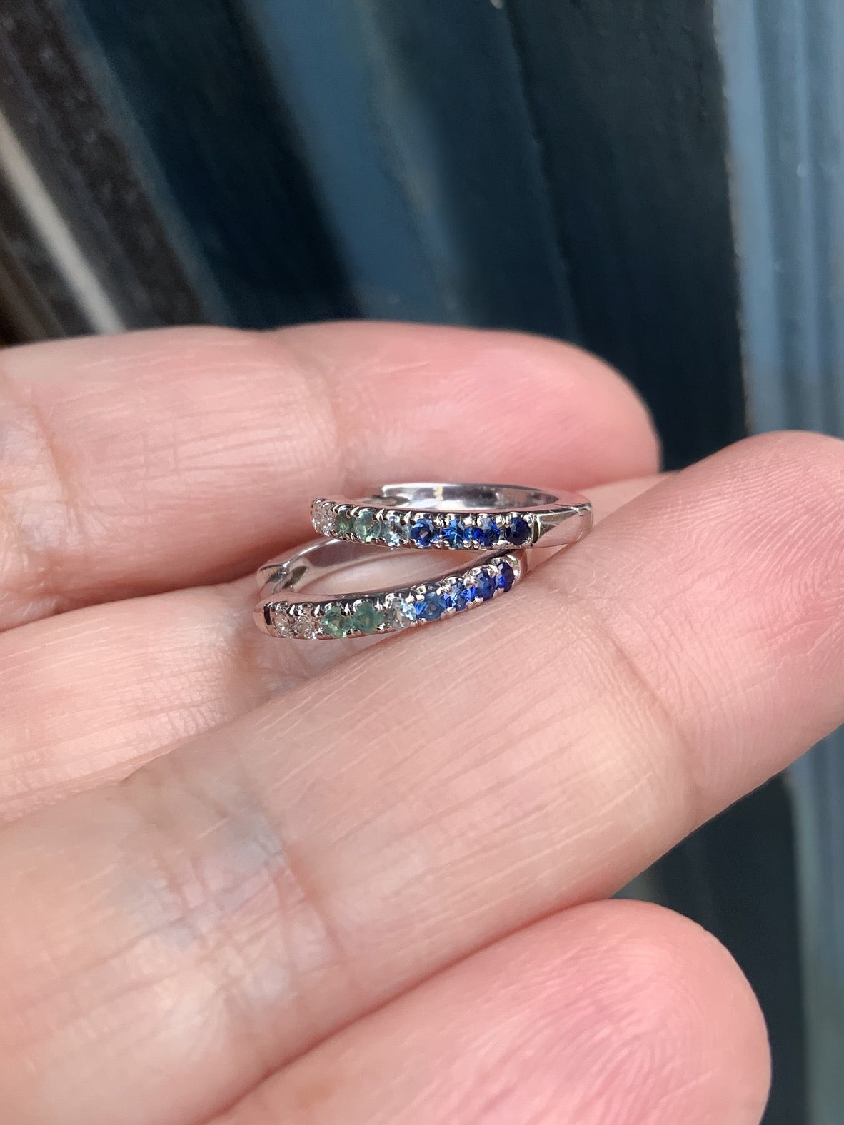 Gradient Blue Green Huggie Hoop Earring/ 12mm Pave/ Mermaid Coastal Beach Color Ombre Sapphire Aquamarine Alexandrite Diamond SINGLE or PAIR