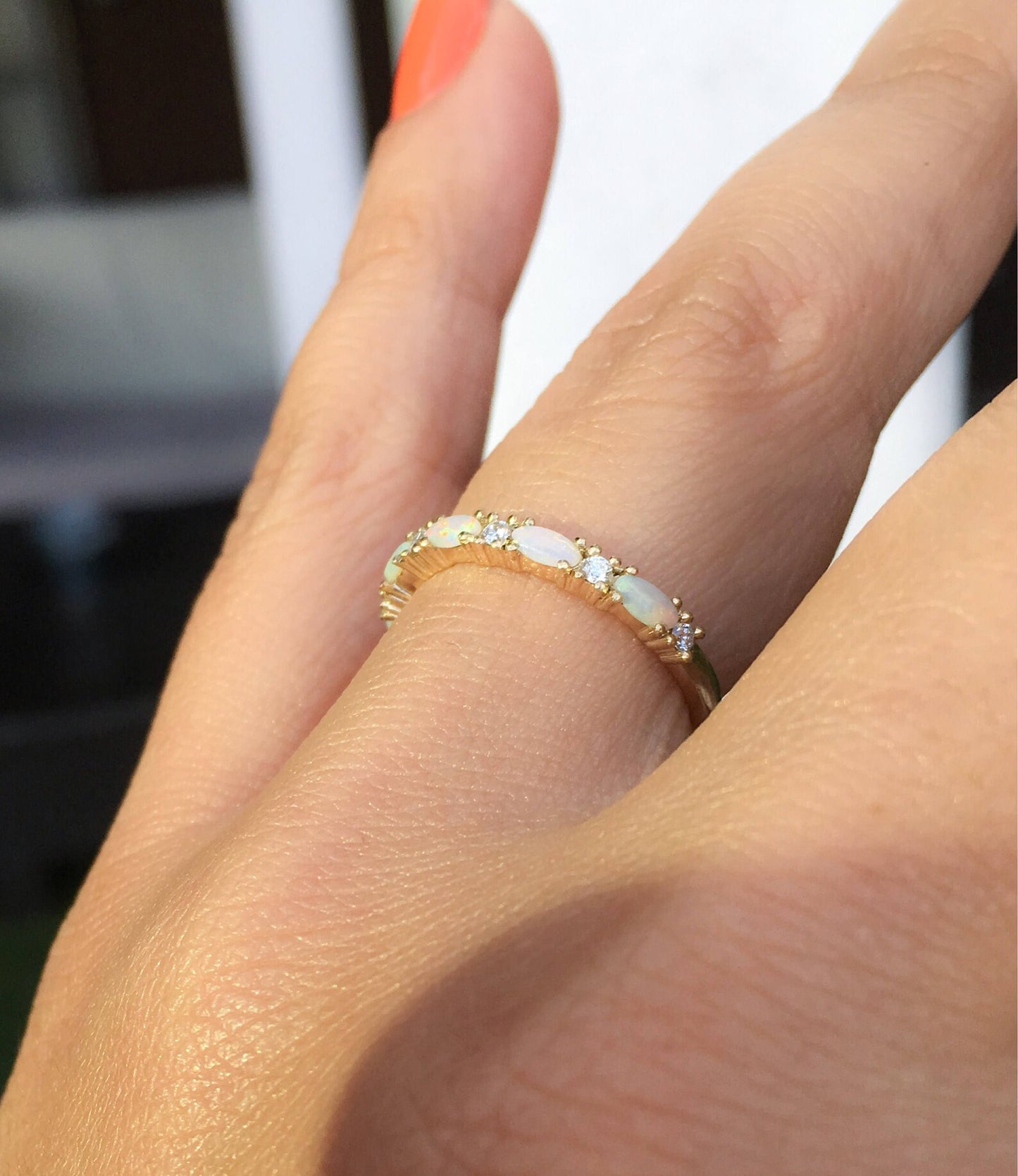 Opal Diamond Band/ Unique Opal Stacking Ring/ Prong Set Alternating Opal Diamond Wedding Band/ Vintage Looking Opal Diamond Ring/ October Birthstone Ring/ 10K 14K 18K or Platinum