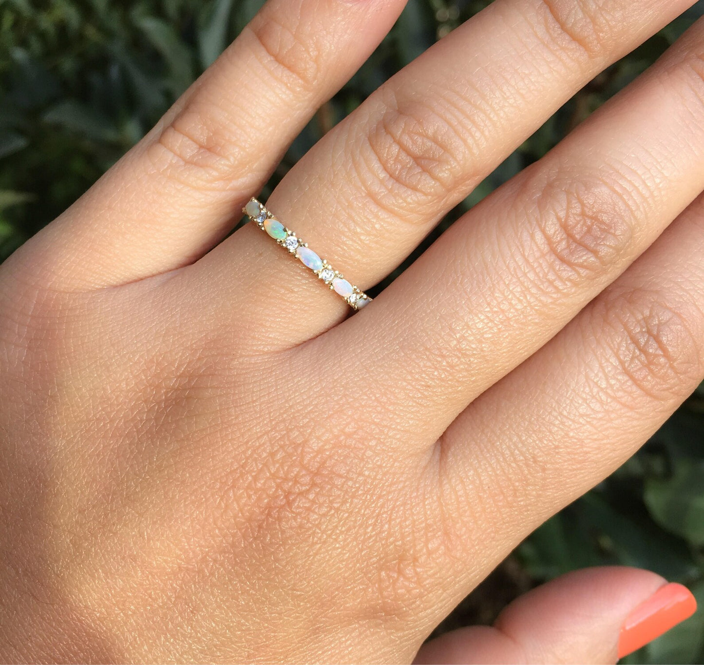 Opal Diamond Band/ Unique Opal Stacking Ring/ Prong Set Alternating Opal Diamond Wedding Band/ Vintage Looking Opal Diamond Ring/ October Birthstone Ring/ 10K 14K 18K or Platinum