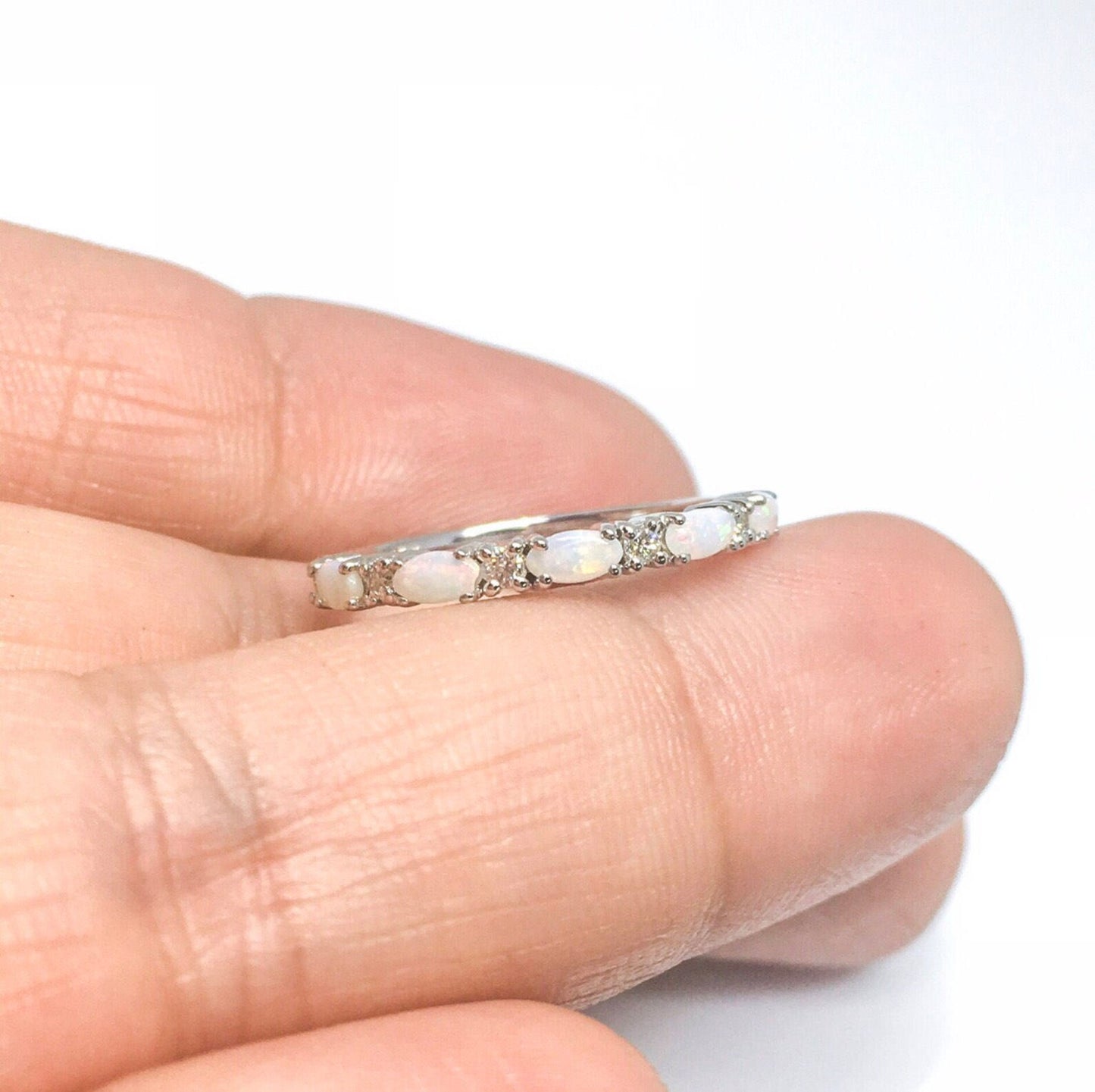 Opal Diamond Band/ Unique Opal Stacking Ring/ Prong Set Alternating Opal Diamond Wedding Band/ Vintage Looking Opal Diamond Ring/ October Birthstone Ring/ 10K 14K 18K or Platinum