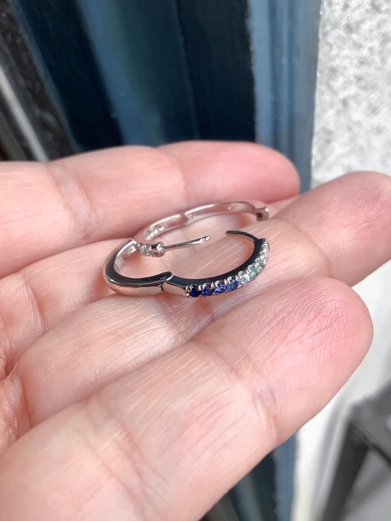 Gradient Blue Green Huggie Hoop Earring/ 12mm Pave/ Mermaid Coastal Beach Color Ombre Sapphire Aquamarine Alexandrite Diamond SINGLE or PAIR
