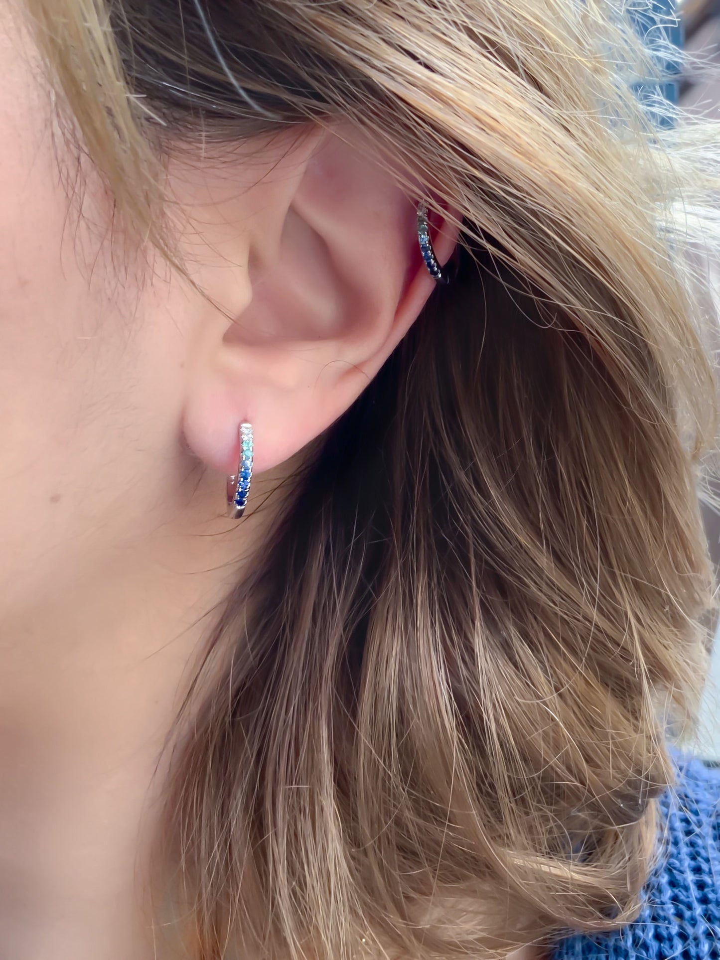 Gradient Blue Green Huggie Hoop Earring/ 12mm Pave/ Mermaid Coastal Beach Color Ombre Sapphire Aquamarine Alexandrite Diamond SINGLE or PAIR