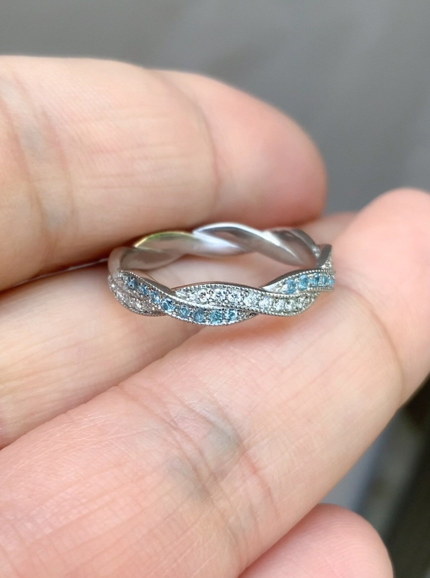 Reserved for Giovana/ Upgrade to 6mm Twisted Band with Natural Diamonds and Aquamarines
