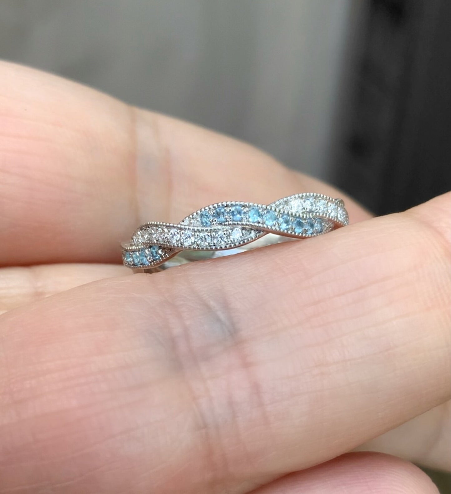 Twisted Diamond Aquamarine Ring/ 3.6mm Milgrain Pave Full Eternity Twist Ring/ Diamond Aquamarine Intertwined Wedding Band/ Gold or Platinum