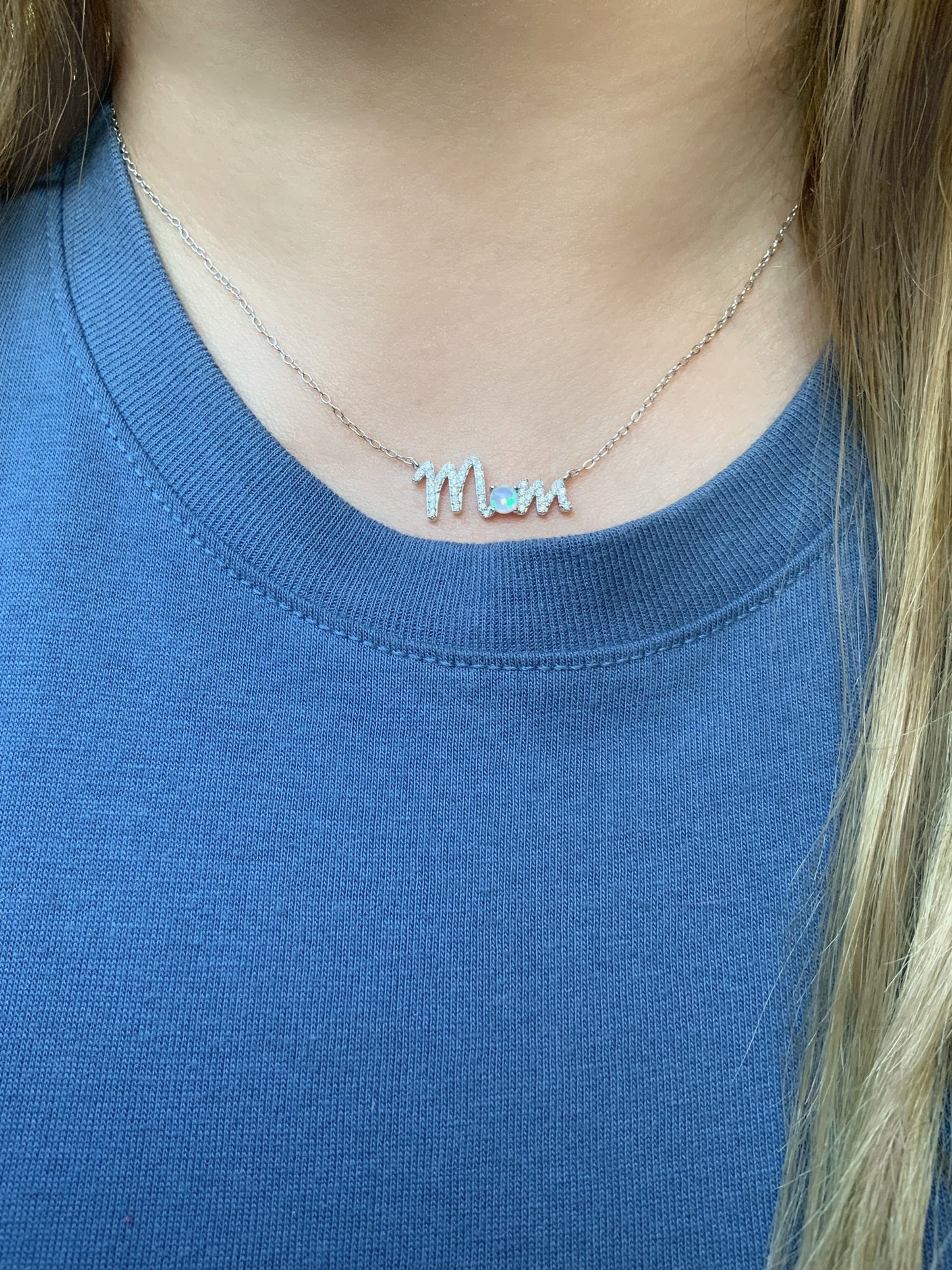 14K Mom Word Necklace/ Pave Diamond Mom Layering Necklace with Opal/ Personalized Mom Necklace with Birthstone/ Mother's Day Gift