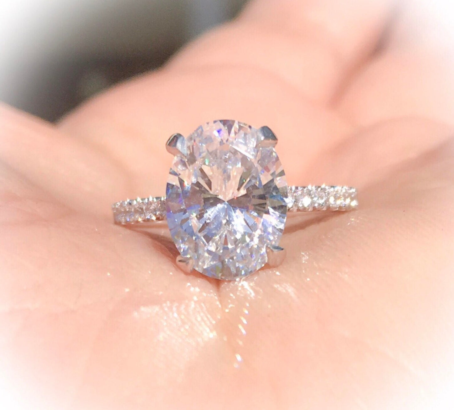 Reserved for Ryan ONLY/ 14K White Gold Solitaire Ring/ 1.5ct Oval Moissanite Ring with Natural Diamonds Pave Set All the Way Around