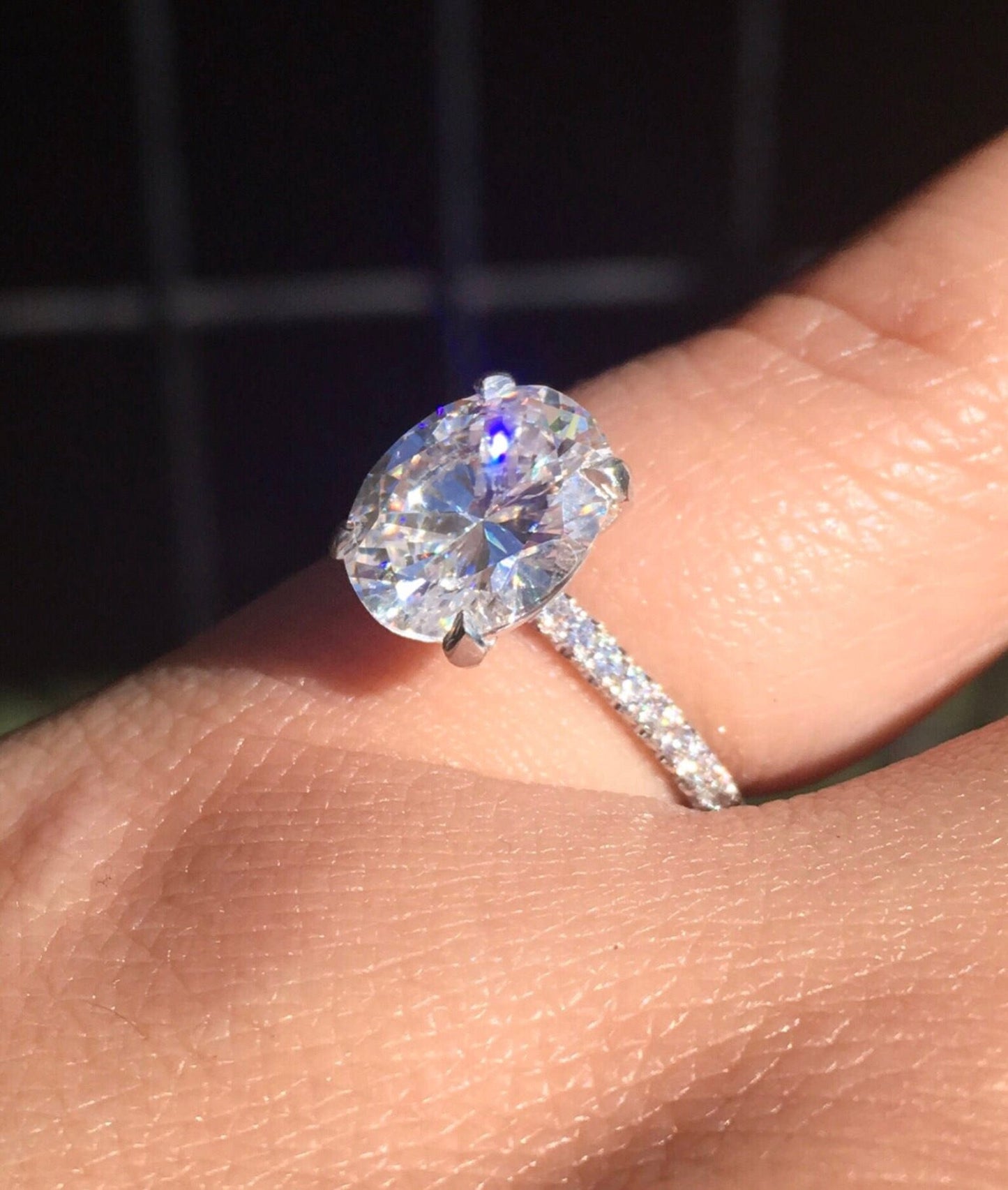 Reserved for Ryan ONLY/ 14K White Gold Solitaire Ring/ 1.5ct Oval Moissanite Ring with Natural Diamonds Pave Set All the Way Around