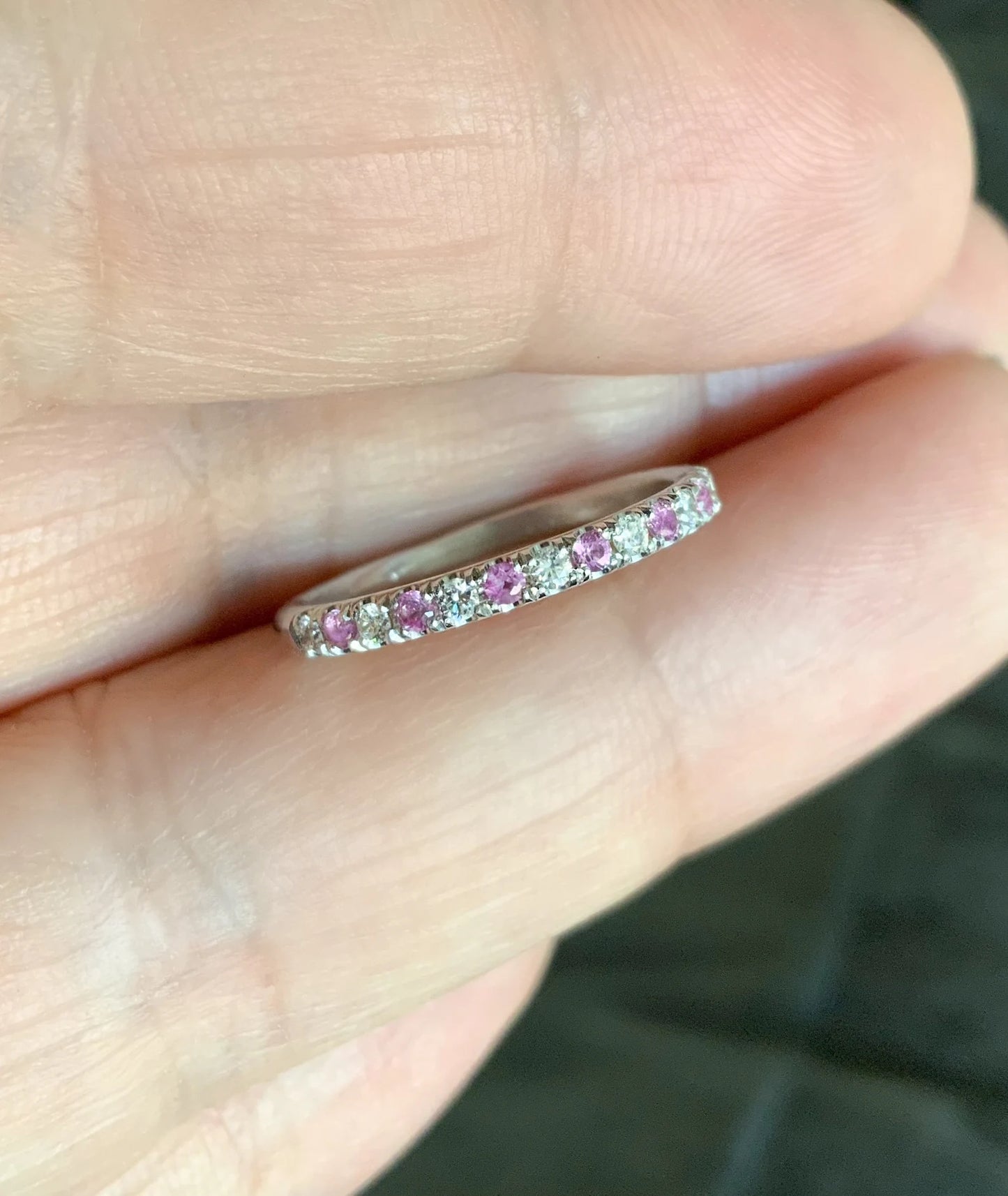 Pink Sapphire Diamond Ring/ Natural Diamond Sapphire Alternating 2mm Band/ Micro Pave Half Eternity Wedding Stack Ring/ 14K, 18K or PLATINUM