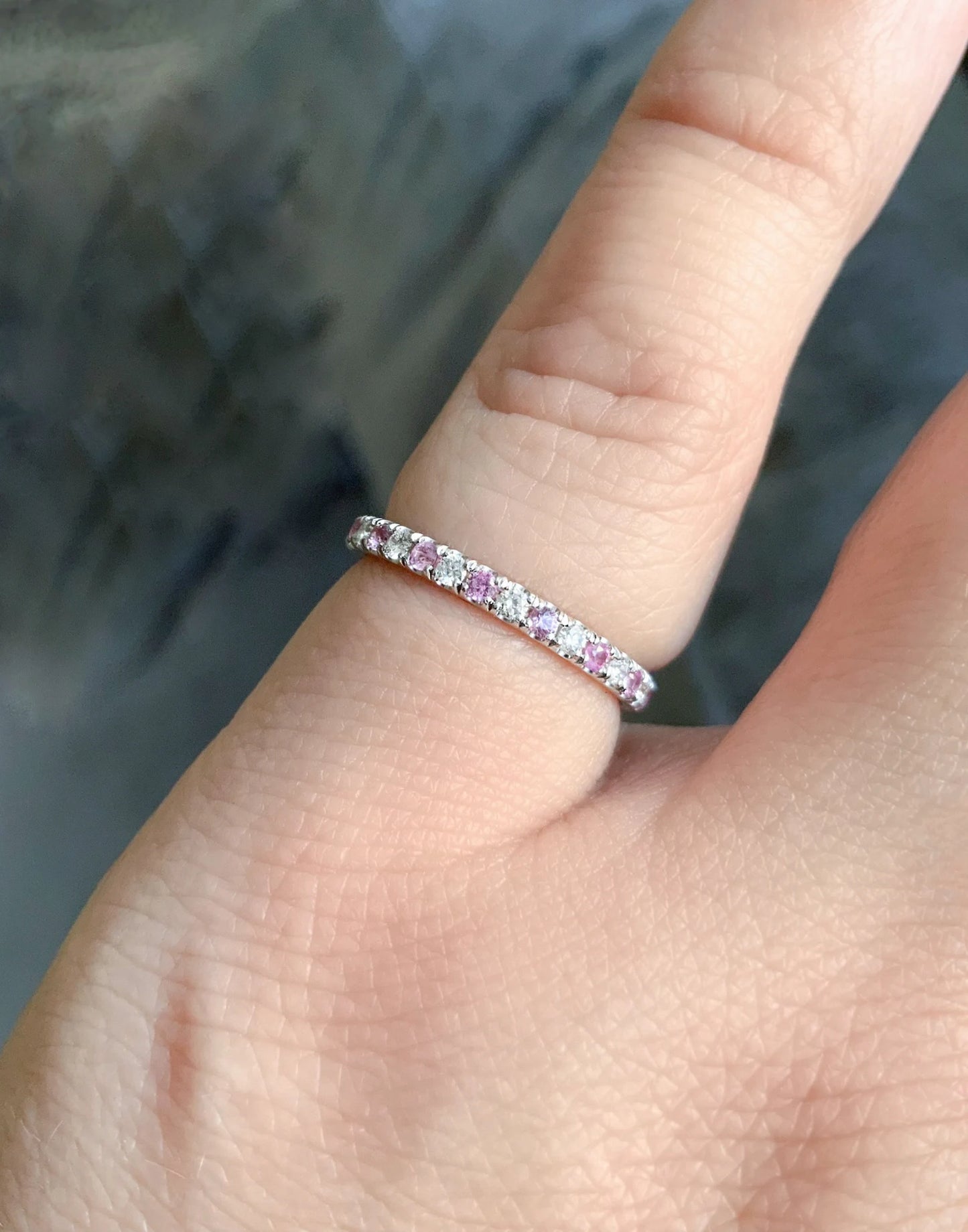 Pink Sapphire Diamond Ring/ Natural Diamond Sapphire Alternating 2mm Band/ Micro Pave Half Eternity Wedding Stack Ring/ 14K, 18K or PLATINUM