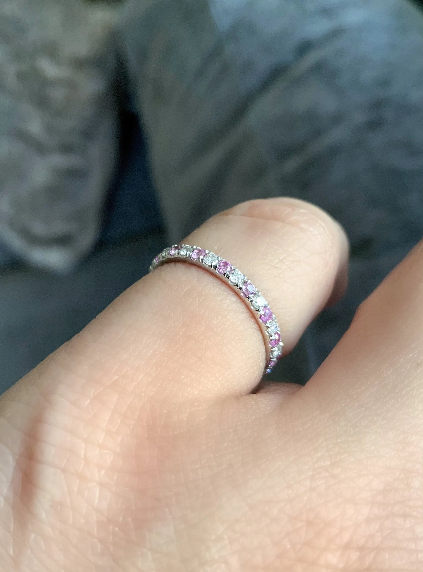 Pink Sapphire Diamond Ring/ Natural Diamond Sapphire Alternating 2mm Band/ Micro Pave Half Eternity Wedding Stack Ring/ 14K, 18K or PLATINUM