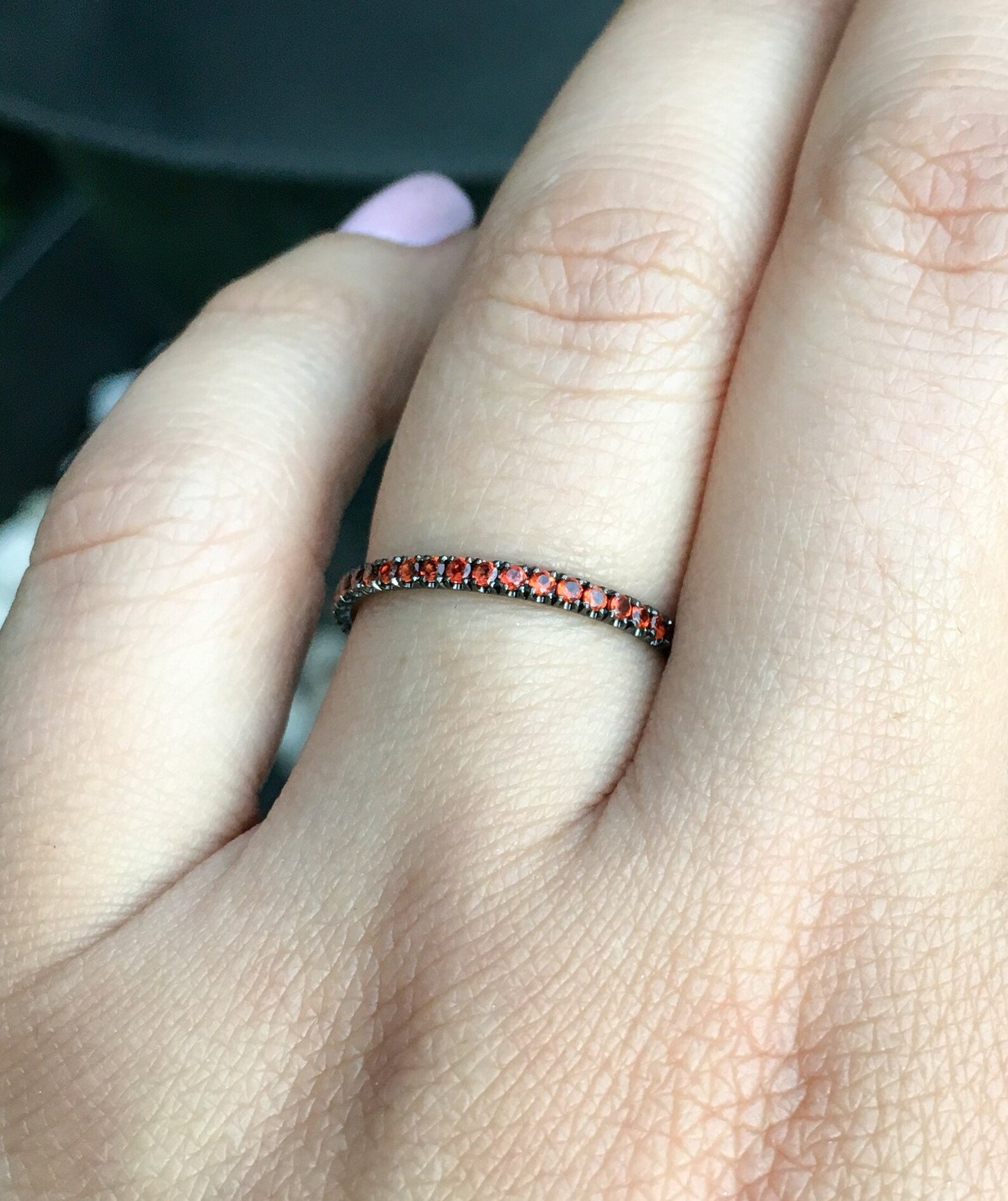 Orange Garnet Pave Band/ 1.5mm Half Eternity Spessartite Garnet Stacking Ring/ January Birthstone Ring/ 14K 18K White Yellow or Black Gold