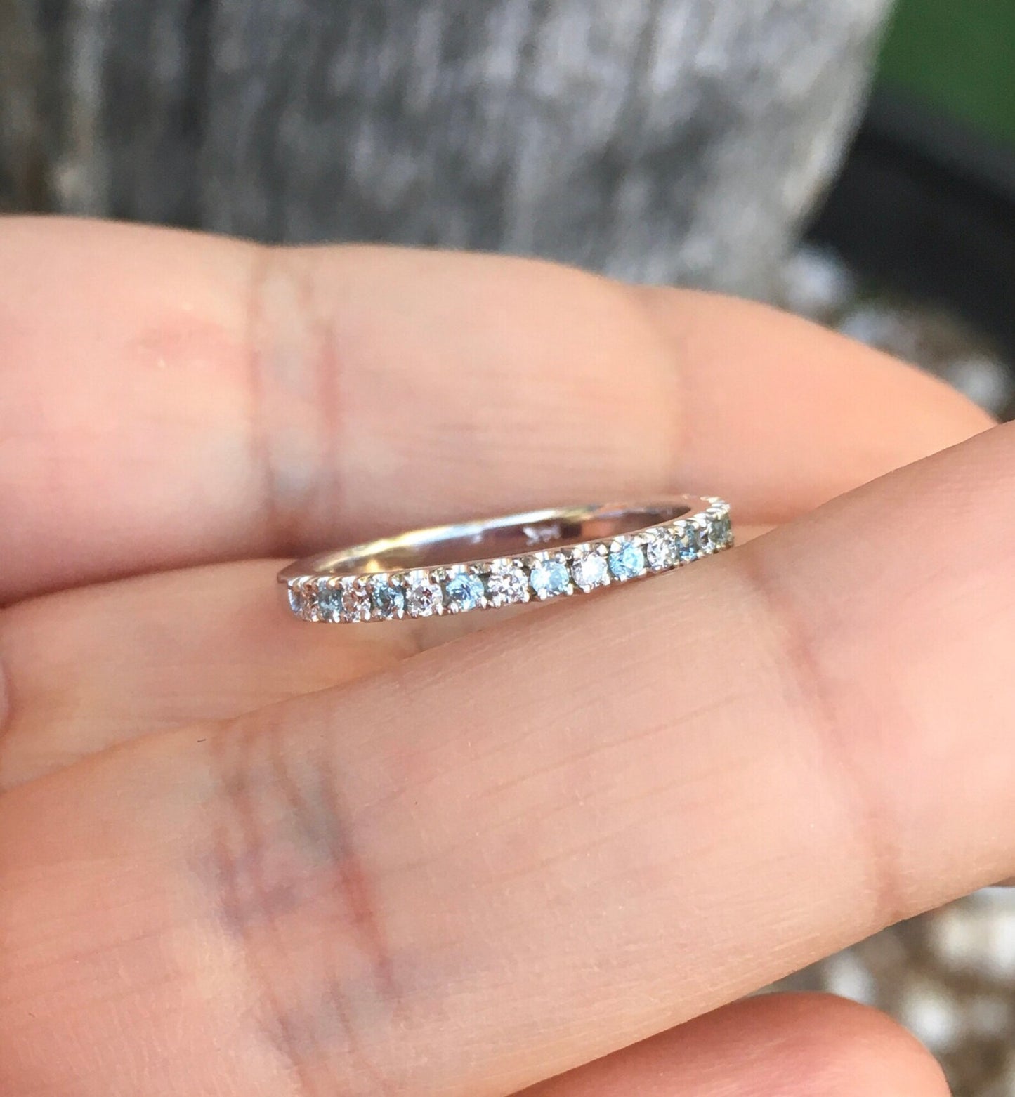 Blue Zircon Diamond Band/ 2mm Alternating Diamond Blue Zircon Pave Half Eternity Ring/ Diamond Blue Zircon Wedding Band or Anniversary Stack