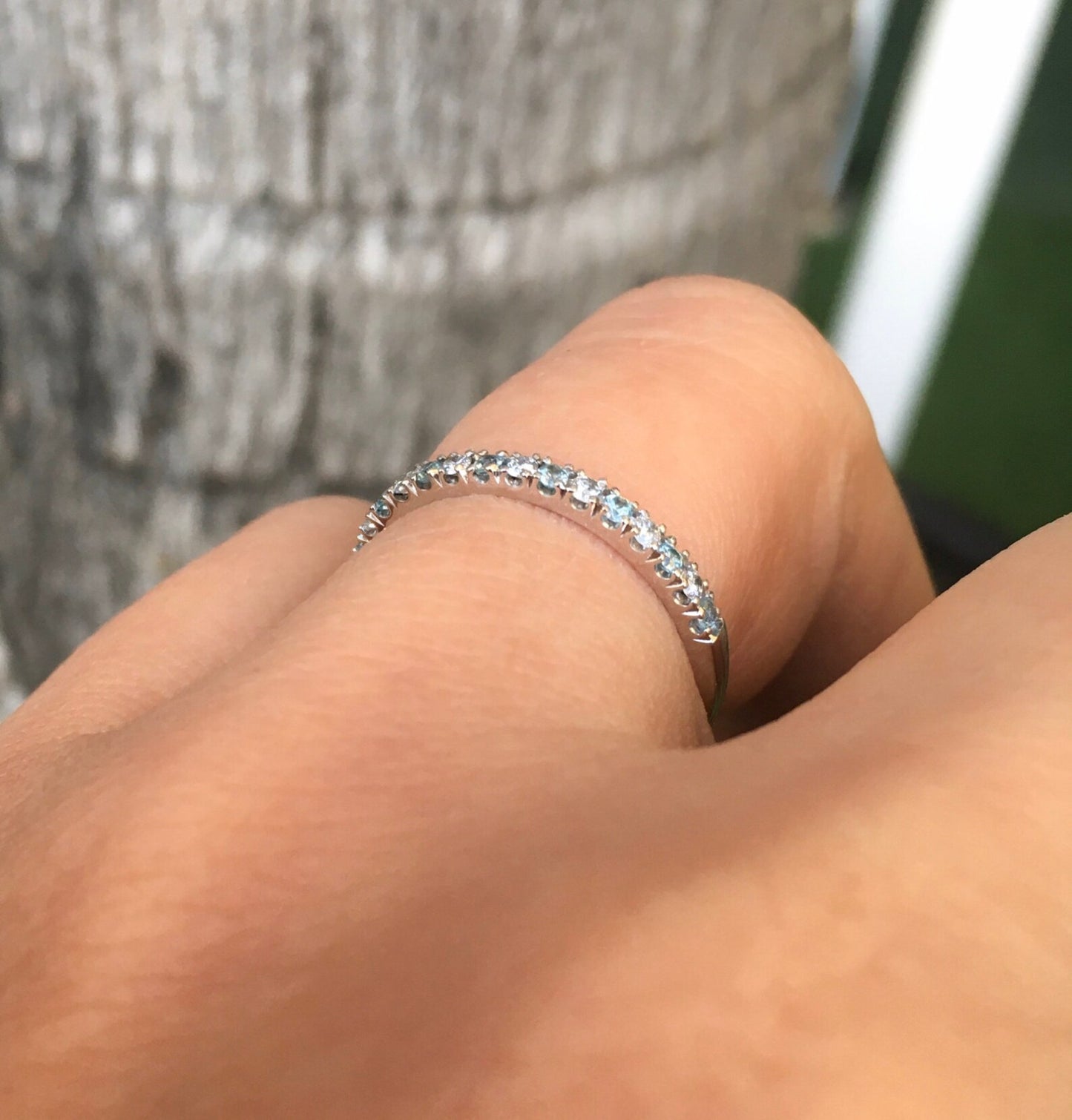 Blue Zircon Diamond Band/ 2mm Alternating Diamond Blue Zircon Pave Half Eternity Ring/ Diamond Blue Zircon Wedding Band or Anniversary Stack