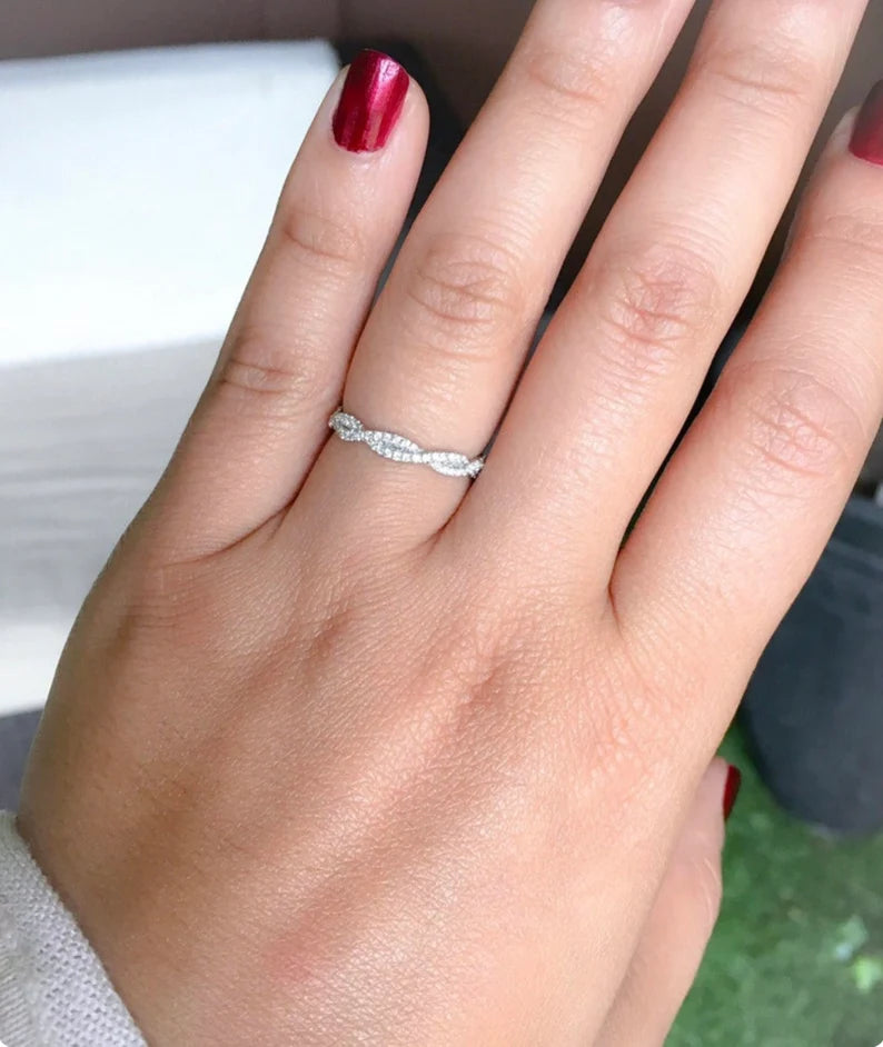 Lab Grown Diamond Women's Half Eternity Twist Ring/ 2.8 MM Twistband Pave Infinity/ Twisted Diamond Wedding Band Stacking/ 14K 18K Platinum