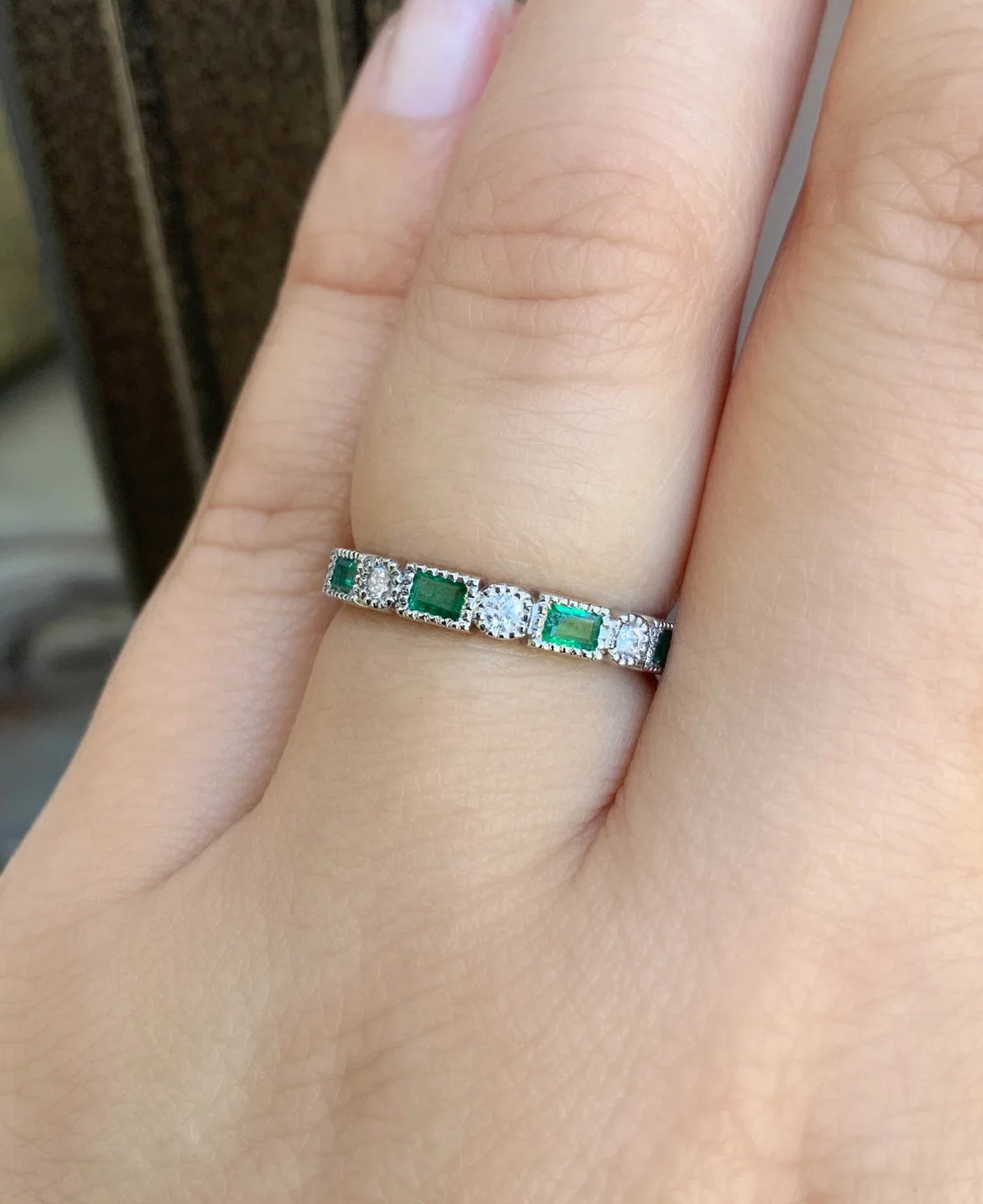 Reserved for Abby L./ 3mm Milgrain Bezel Set Band with Baguette and Round Cut Emeralds