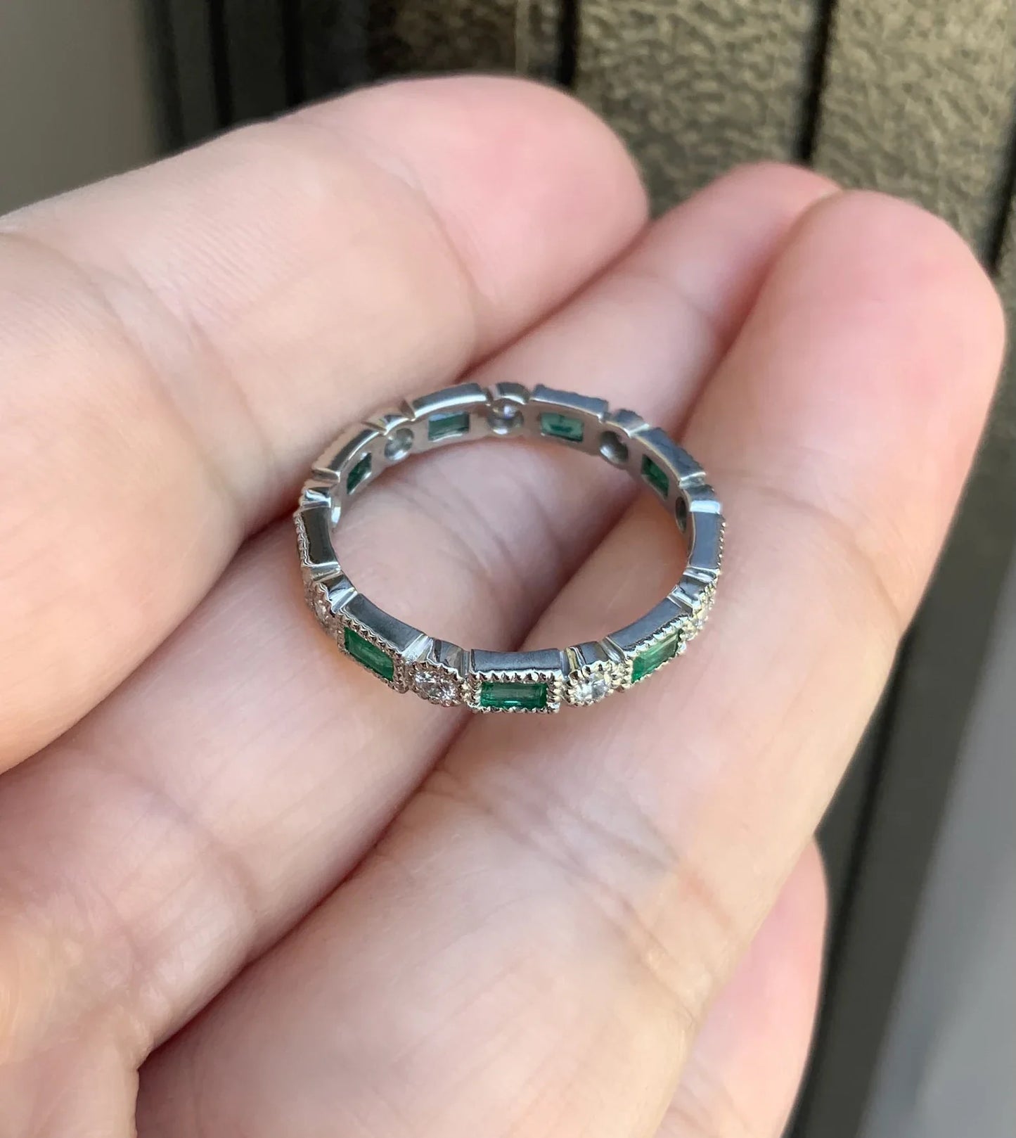 Reserved for Abby L./ 3mm Milgrain Bezel Set Band with Baguette and Round Cut Emeralds