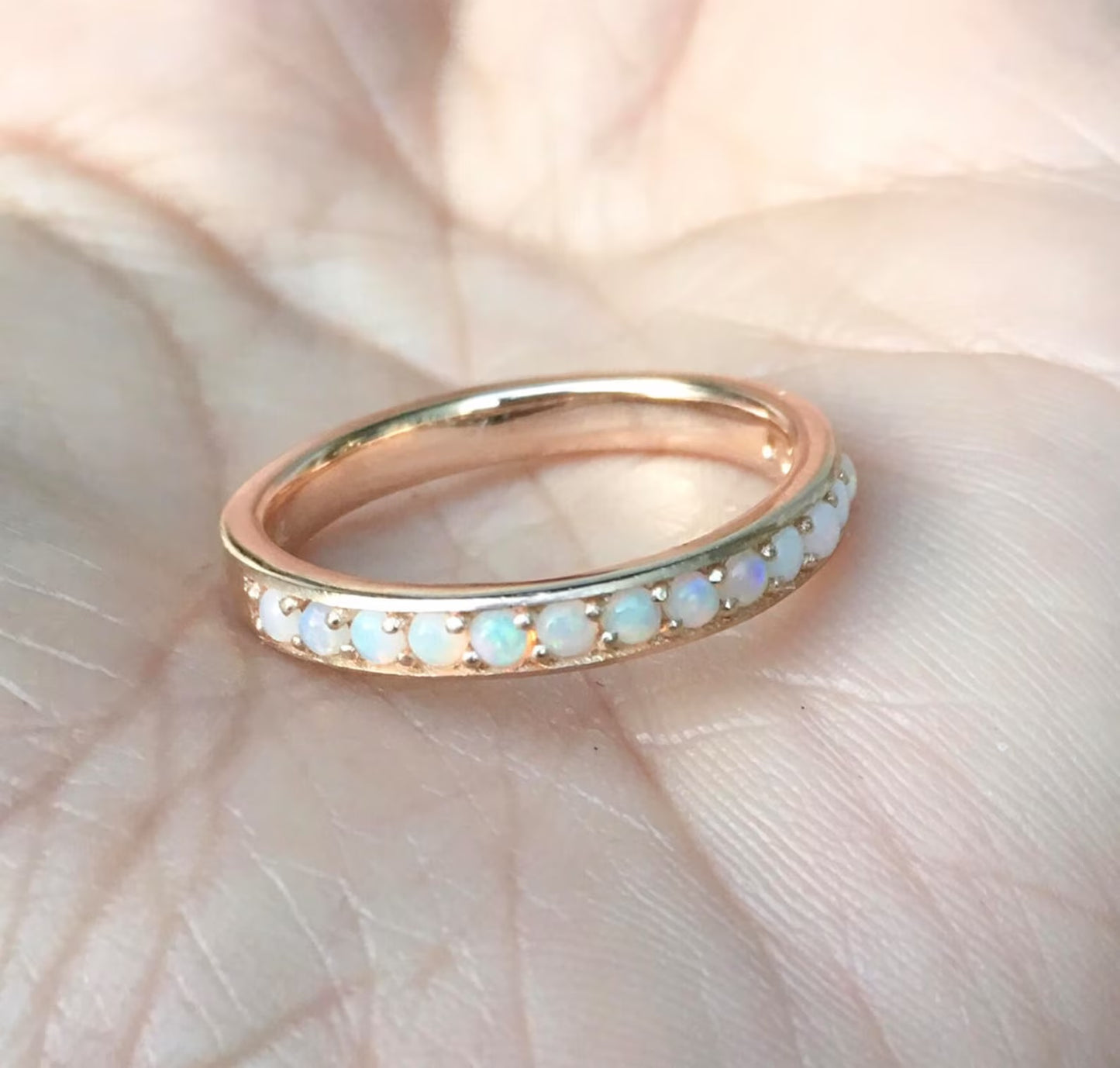 Natural Opal Half Eternity Ring/ 3mm Bright Cut, Channel Pave Set Opal Wedding, Anniversary Band/ Opal Stacking Ring/ October Birthstone Ring
