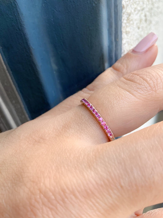 Pink Sapphire Half Eternity Ring/ 2mm Pave Pink Sapphire Wedding Band/ September Birthstone Stacking Ring/ Push Present Ring/ Gold, Platinum