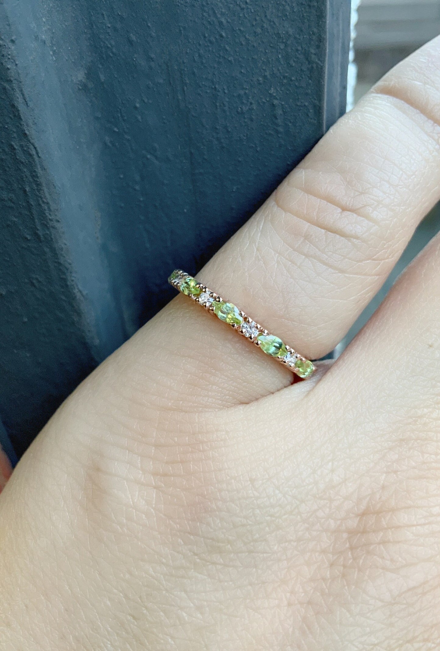 Peridot Diamond Band/ Alternating Marquise Peridot Half Eternity Stacking Ring/ August Birthstone Wedding Anniversary Ring/ Push Present