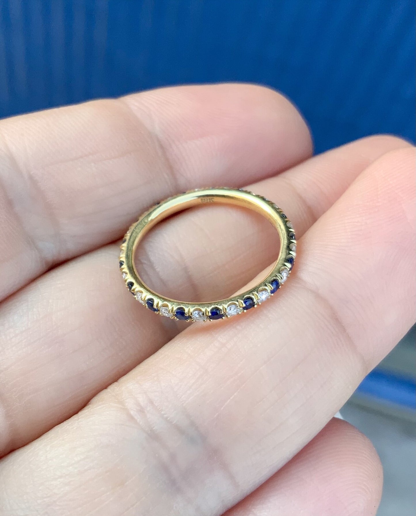 Diamond Blue Sapphire Full Eternity Band/ Alternating Sapphire Diamond 1.8mm Pave Infinity Stacking Ring/ 2 Birthstone Wedding Anniversary Ring/ Mother's Day Gift