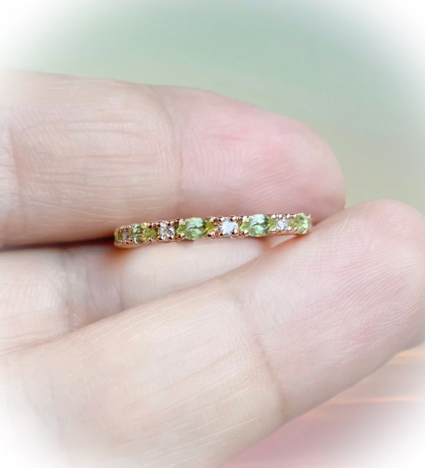 Peridot Diamond Band/ Alternating Marquise Peridot Half Eternity Stacking Ring/ August Birthstone Wedding Anniversary Ring/ Push Present
