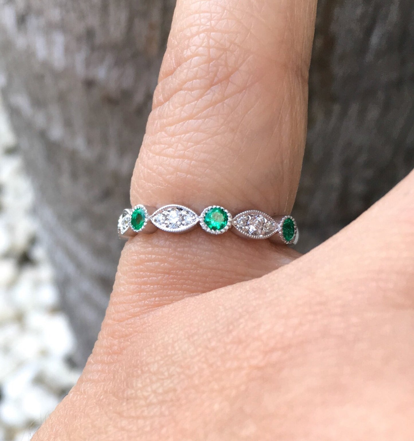 Marquise Round Emerald Diamond Band/ 3mm Milgrain Bezel Ring/ Alternating Emerald Diamond Marquise Dot Wedding, Anniversary Ring/ April May Two Birthstone Stacking Ring