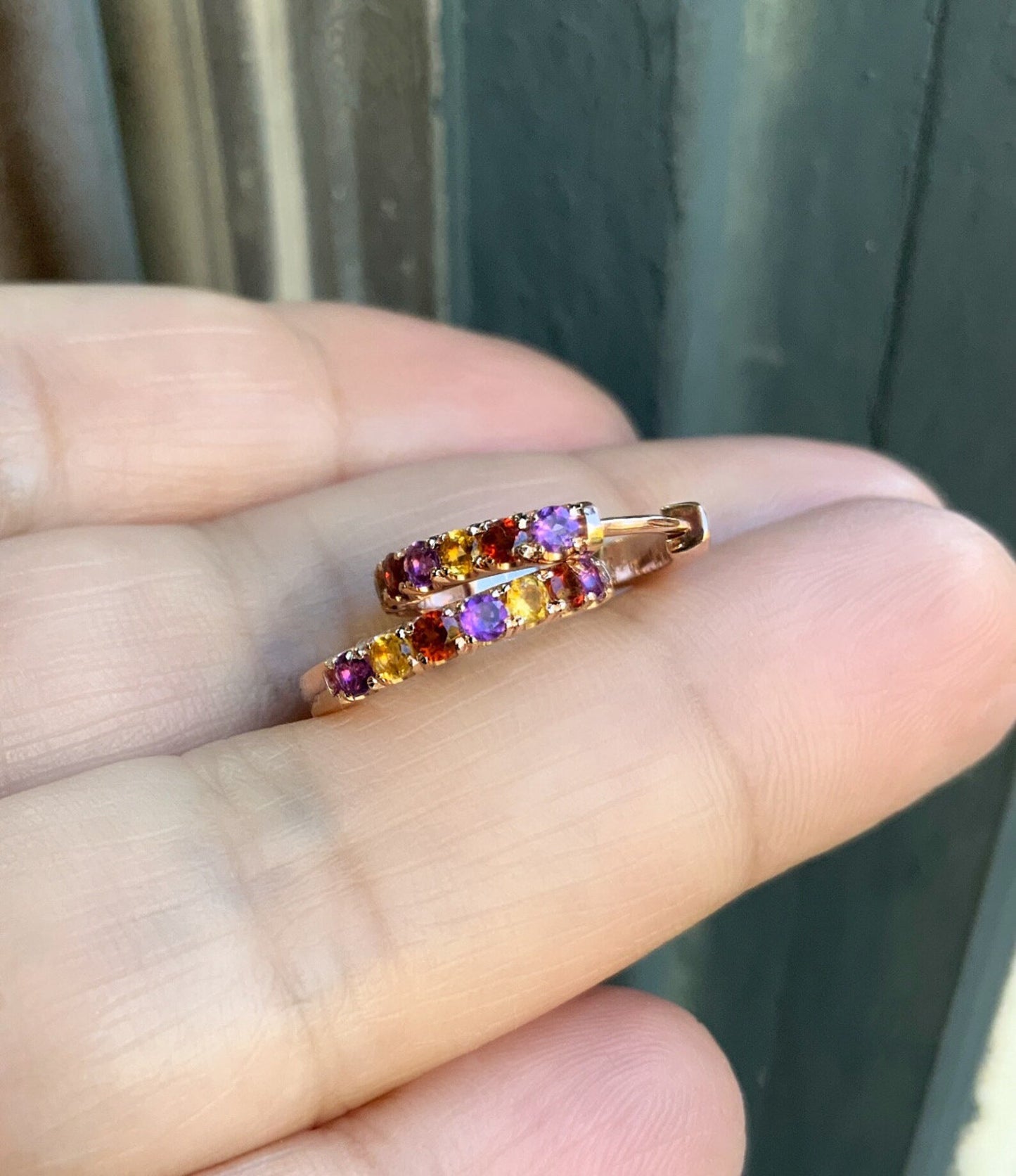 Alternating Amethyst, Citrine, Garnet Pave 15mm Hoop Earring/ SINGLE or PAIR/ 3 Birthstone Small Huggie Hoop