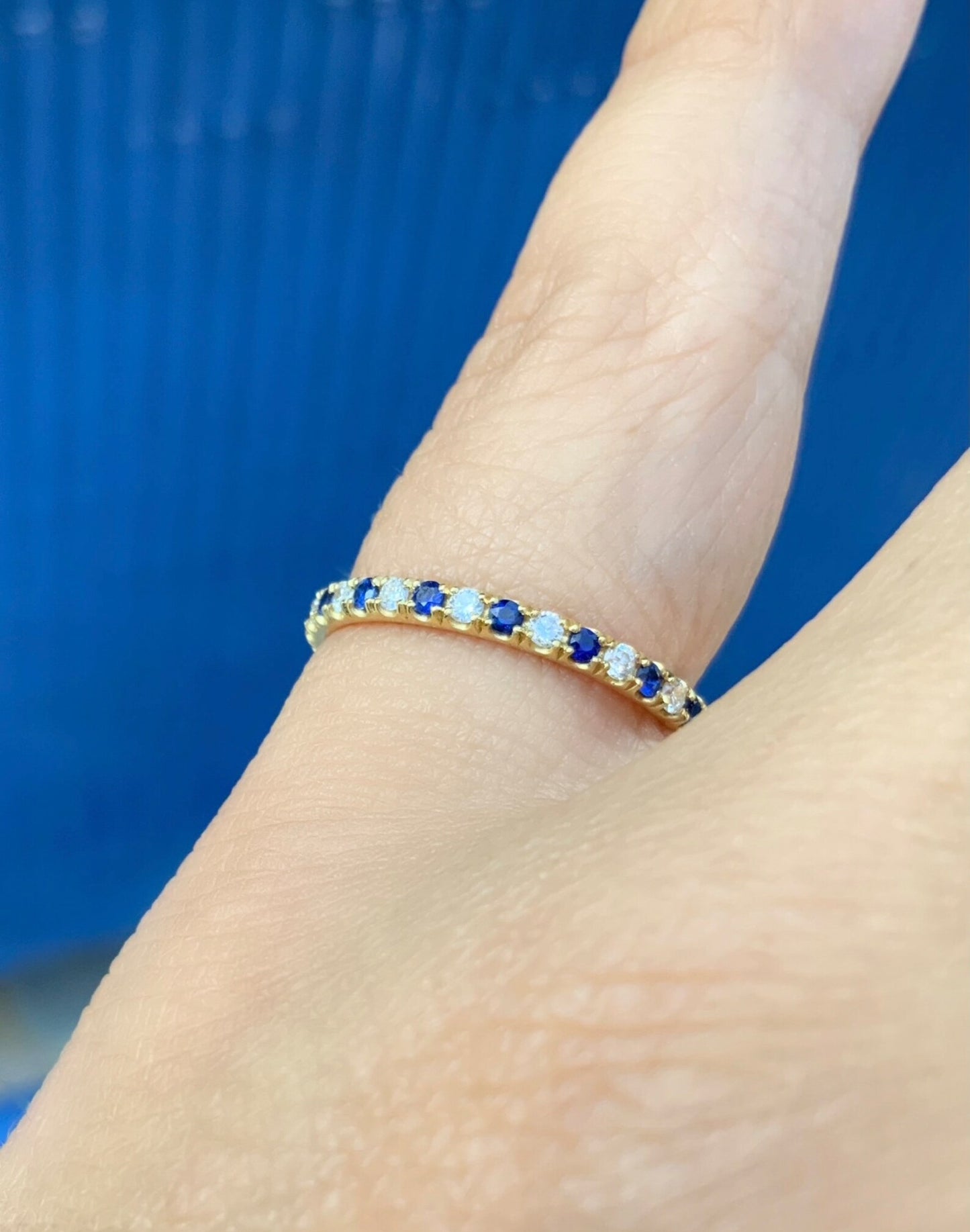 Diamond Blue Sapphire Full Eternity Band/ Alternating Sapphire Diamond 1.8mm Pave Infinity Stacking Ring/ 2 Birthstone Wedding Anniversary Ring/ Mother's Day Gift
