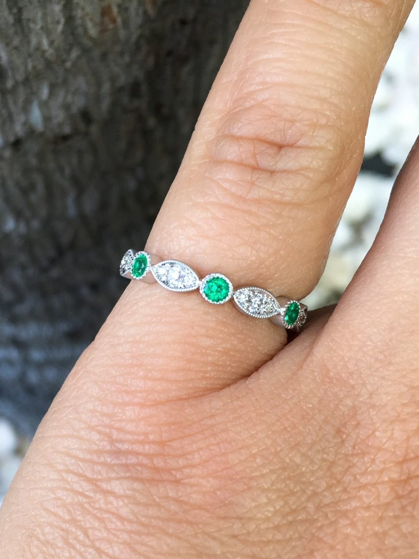 Marquise Round Emerald Diamond Band/ 3mm Milgrain Bezel Ring/ Alternating Emerald Diamond Marquise Dot Wedding, Anniversary Ring/ April May Two Birthstone Stacking Ring