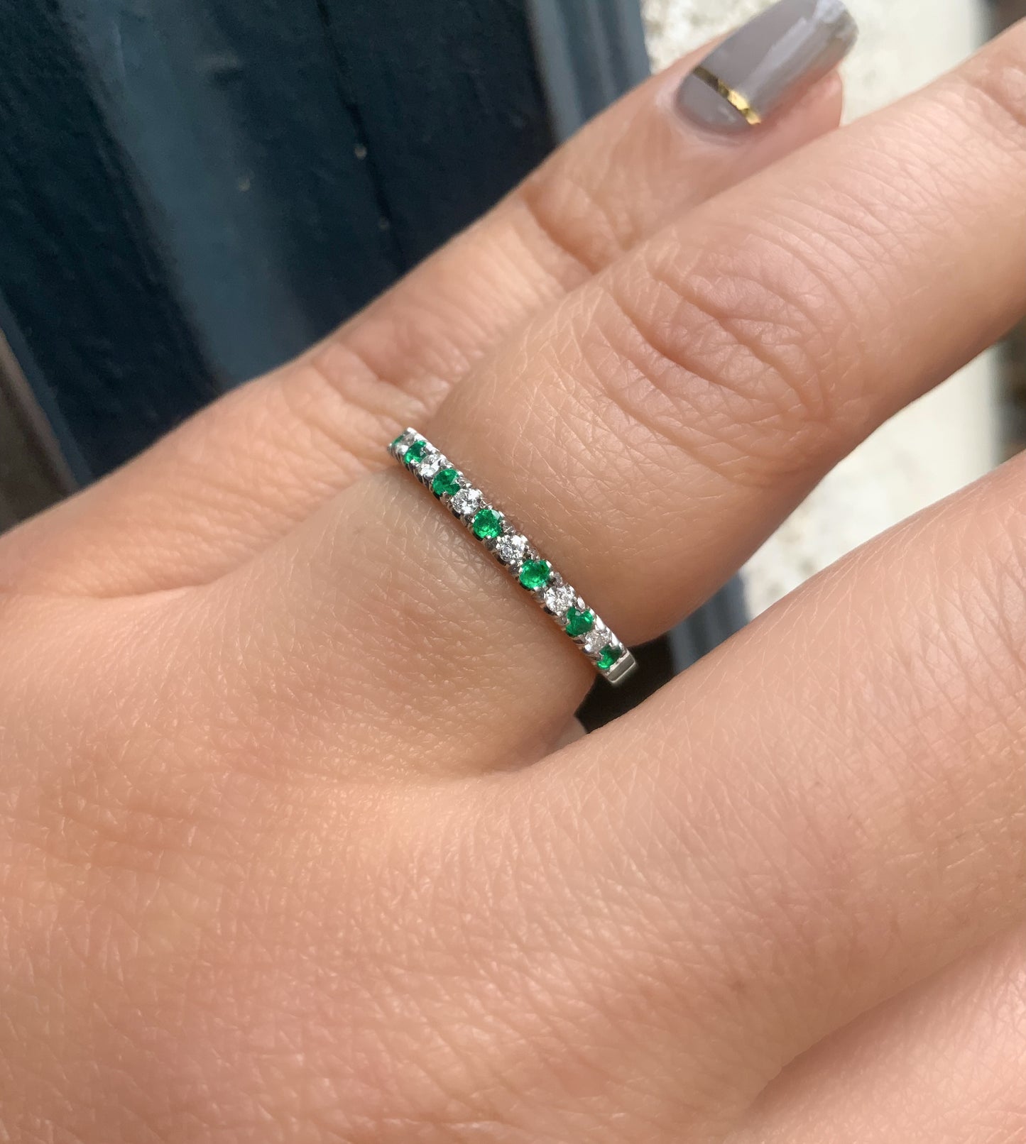 Emerald Diamond 13 Stone Stacking Ring/ 2mm Pave Alternating Diamond Emerald Band/ 13th Anniversary Ring/ Gold or Platinum Birthstone Band