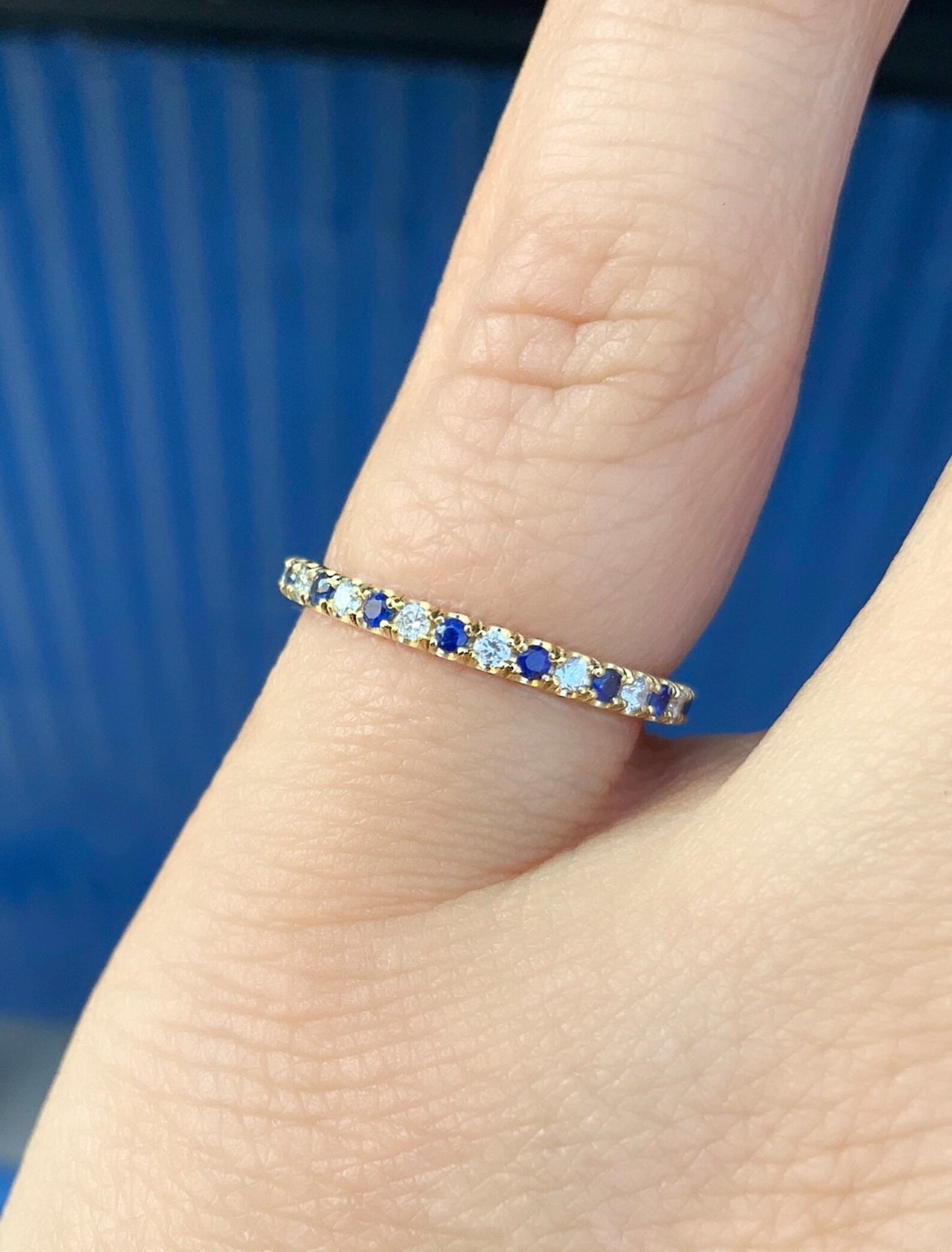 Diamond Blue Sapphire Full Eternity Band/ Alternating Sapphire Diamond 1.8mm Pave Infinity Stacking Ring/ 2 Birthstone Wedding Anniversary Ring/ Mother's Day Gift