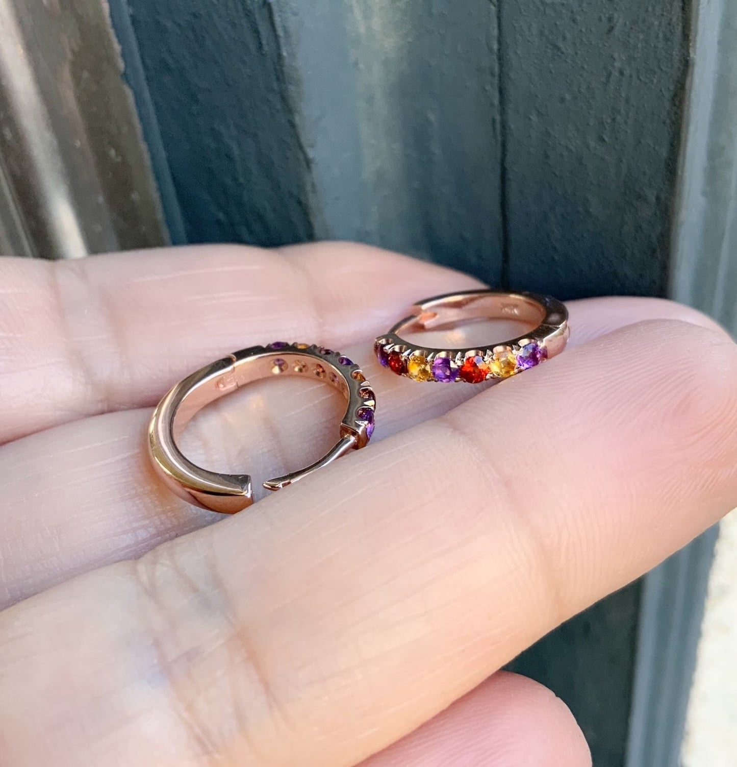 Alternating Amethyst, Citrine, Garnet Pave 15mm Hoop Earring/ SINGLE or PAIR/ 3 Birthstone Small Huggie Hoop