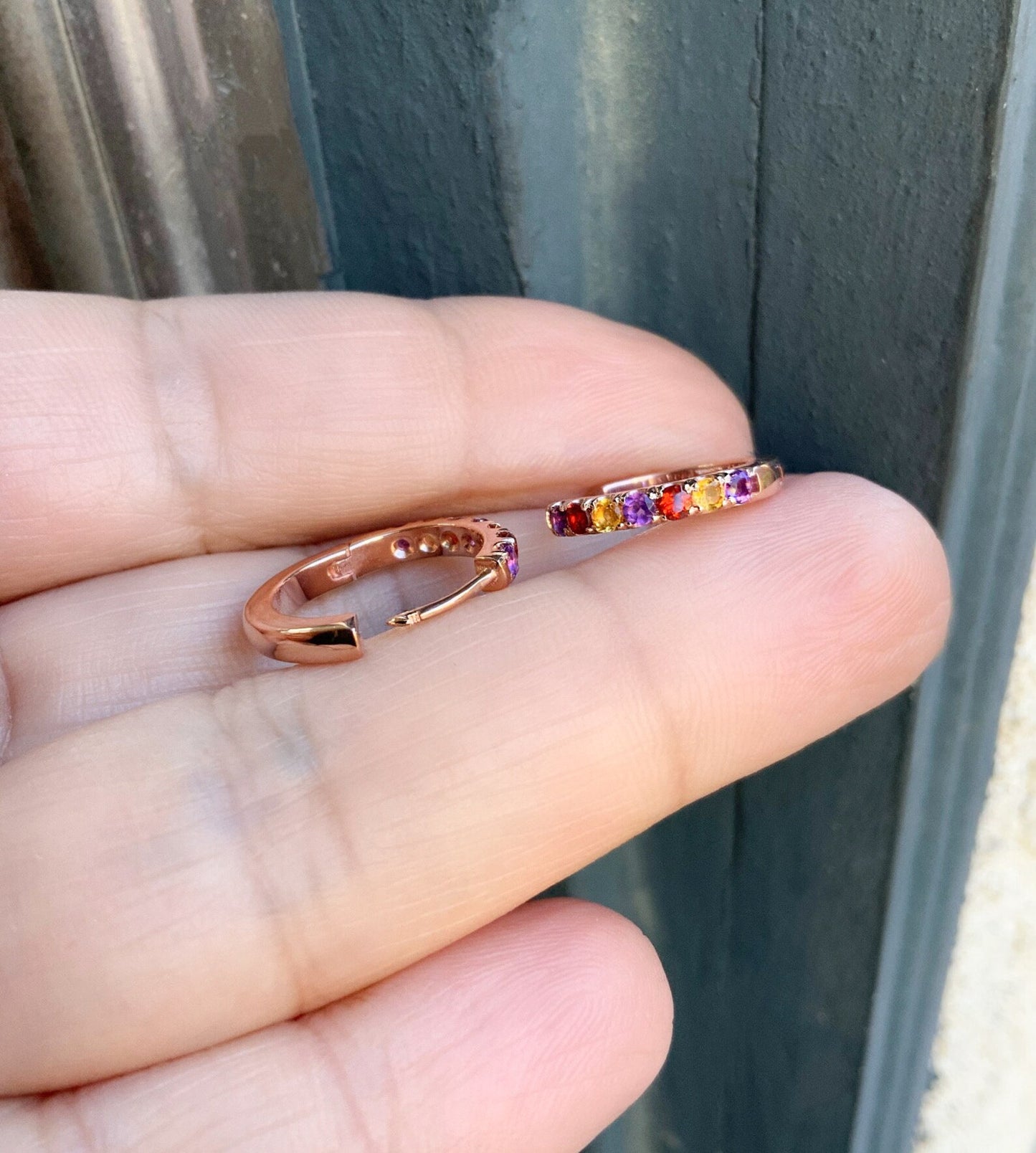 Alternating Amethyst, Citrine, Garnet Pave 15mm Hoop Earring/ SINGLE or PAIR/ 3 Birthstone Small Huggie Hoop