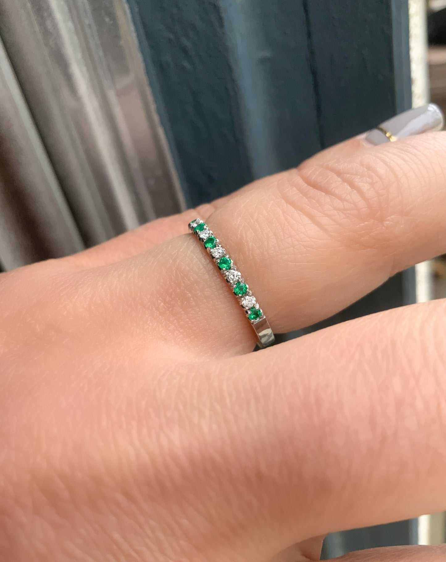 Emerald Diamond 13 Stone Stacking Ring/ 2mm Pave Alternating Diamond Emerald Band/ 13th Anniversary Ring/ Gold or Platinum Birthstone Band