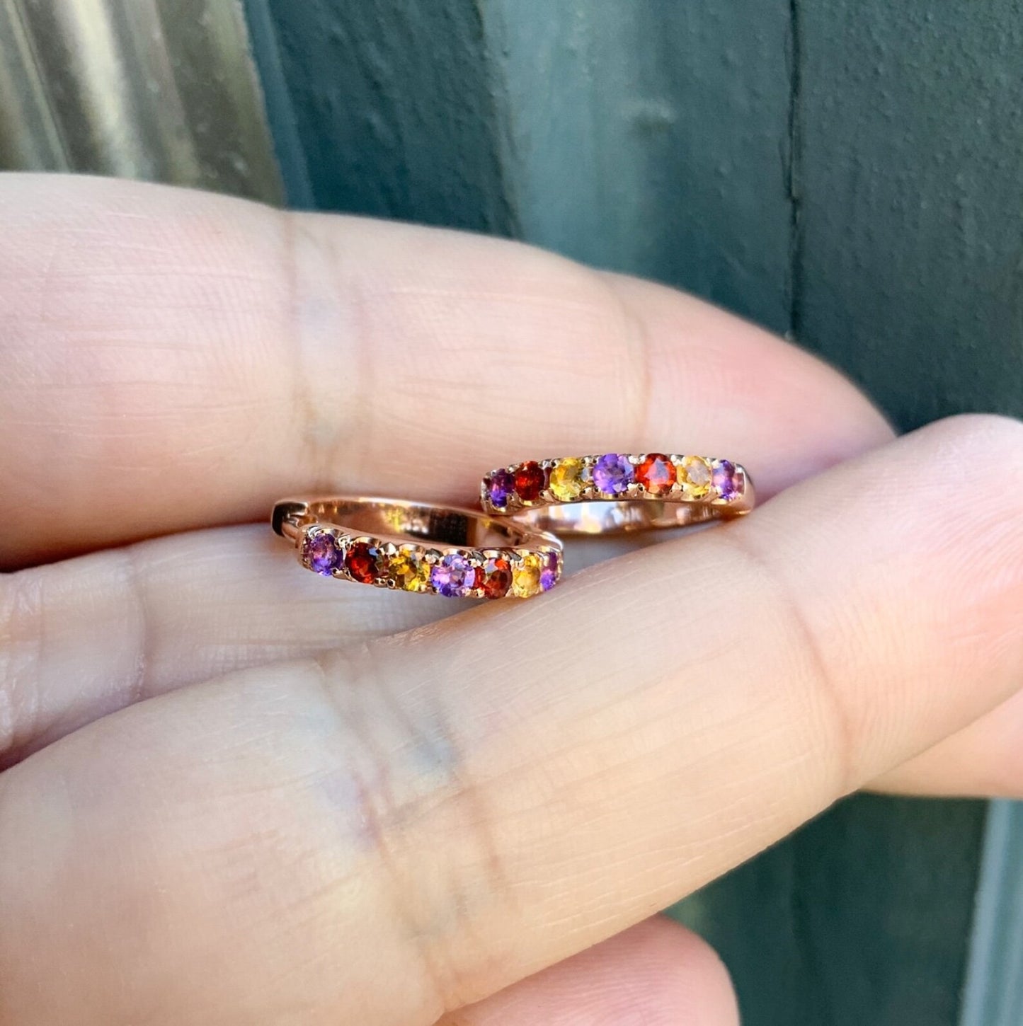 Alternating Amethyst, Citrine, Garnet Pave 15mm Hoop Earring/ SINGLE or PAIR/ 3 Birthstone Small Huggie Hoop
