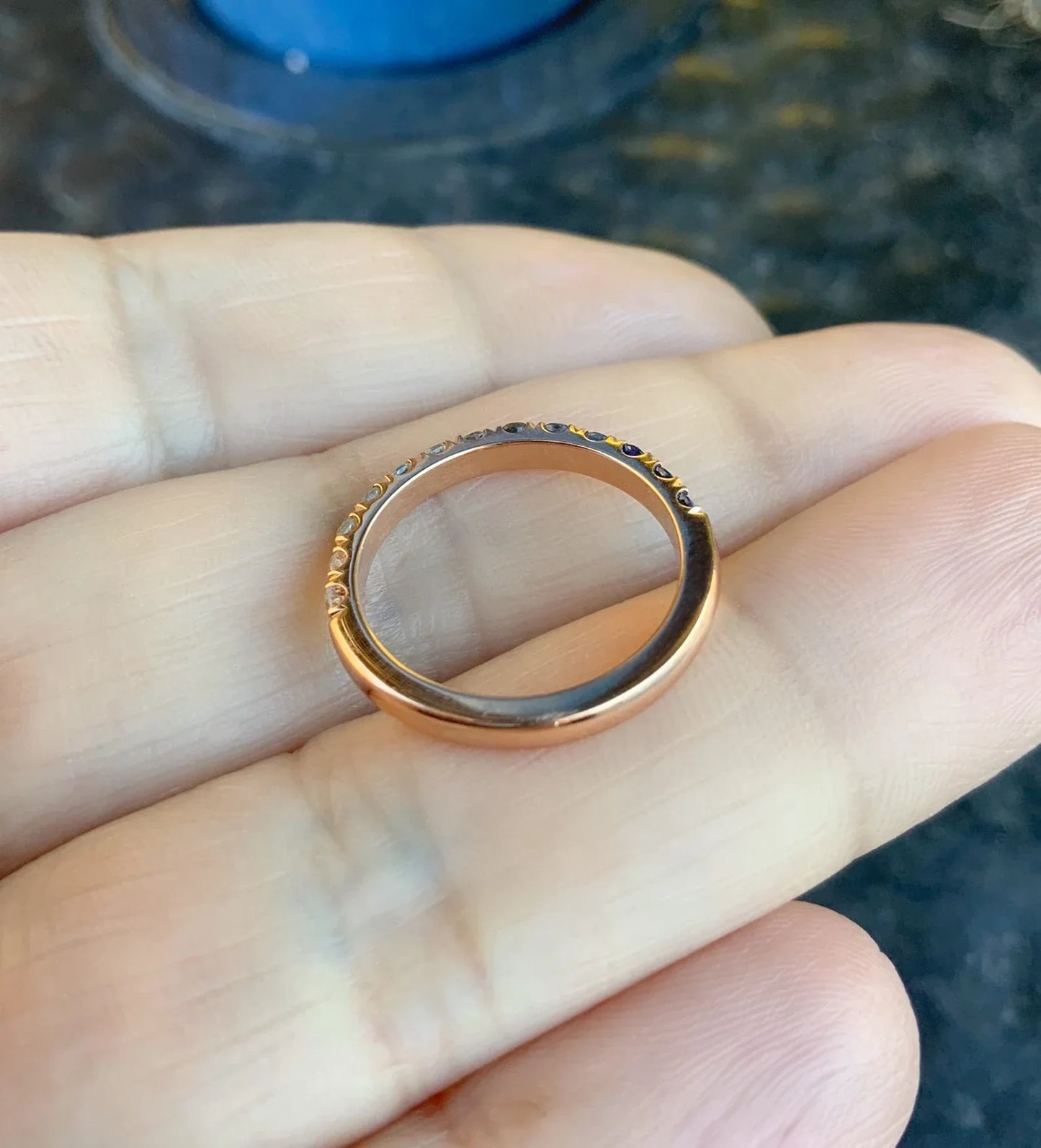 Reserved for Amber/ Diamond Wedding Band with Graduating Blue on Sides
