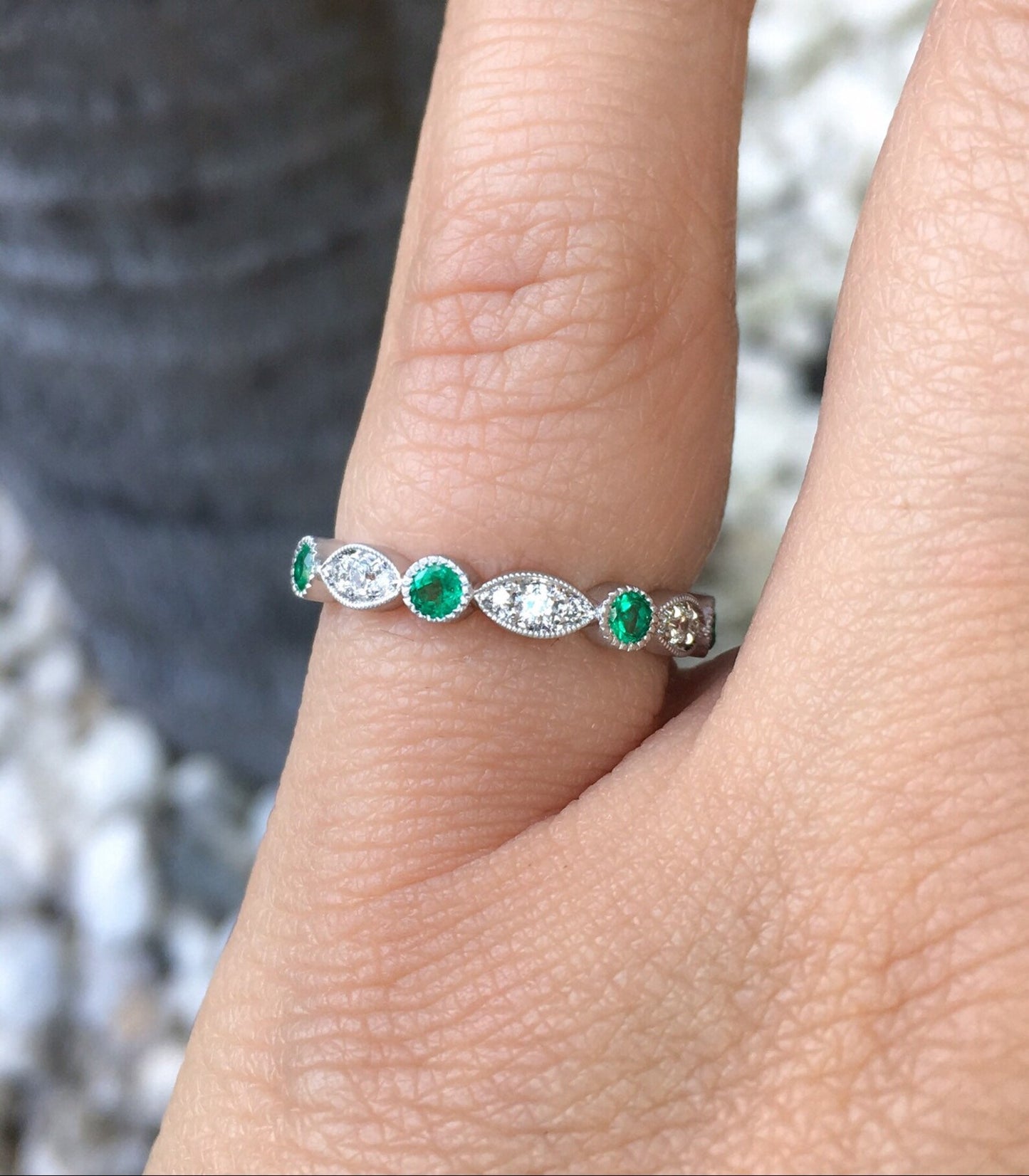 Marquise Round Emerald Diamond Band/ 3mm Milgrain Bezel Ring/ Alternating Emerald Diamond Marquise Dot Wedding, Anniversary Ring/ April May Two Birthstone Stacking Ring