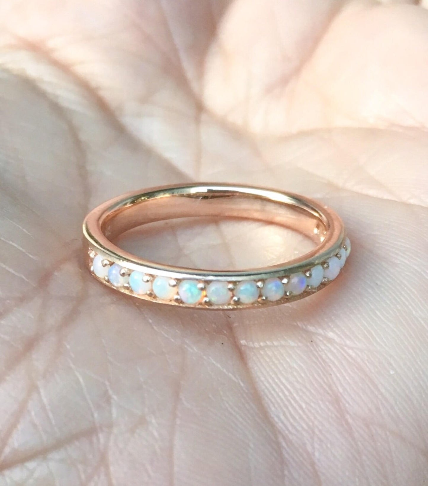 Natural Opal Half Eternity Ring/ 3mm Bright Cut, Channel Pave Set Opal Wedding, Anniversary Band/ Opal Stacking Ring/ October Birthstone Ring