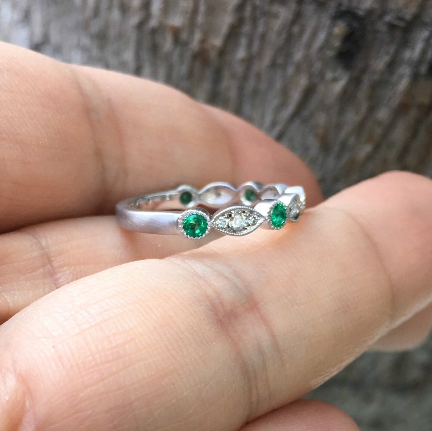 Marquise Round Emerald Diamond Band/ 3mm Milgrain Bezel Ring/ Alternating Emerald Diamond Marquise Dot Wedding, Anniversary Ring/ April May Two Birthstone Stacking Ring