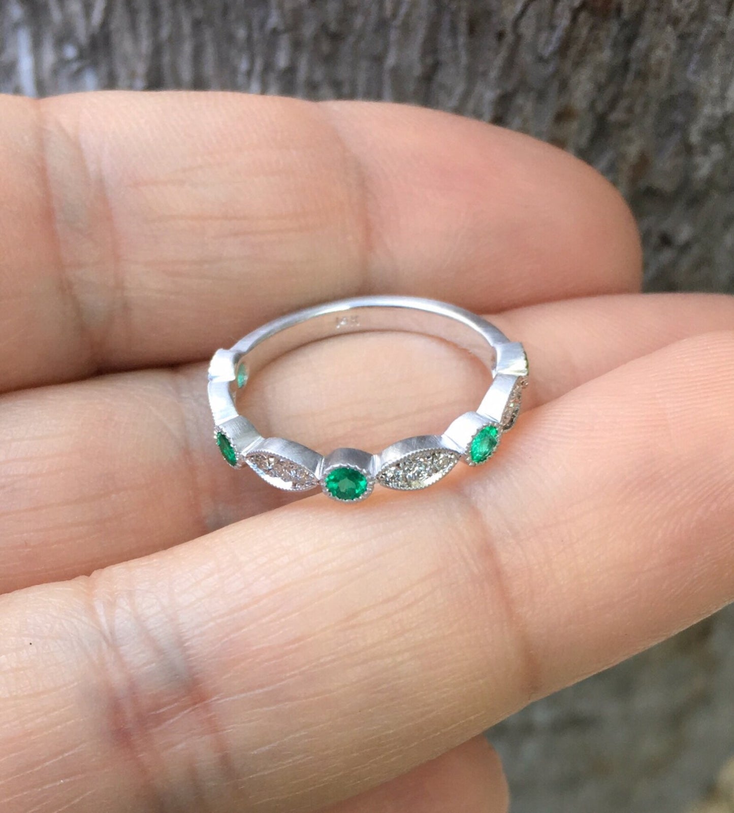 Marquise Round Emerald Diamond Band/ 3mm Milgrain Bezel Ring/ Alternating Emerald Diamond Marquise Dot Wedding, Anniversary Ring/ April May Two Birthstone Stacking Ring