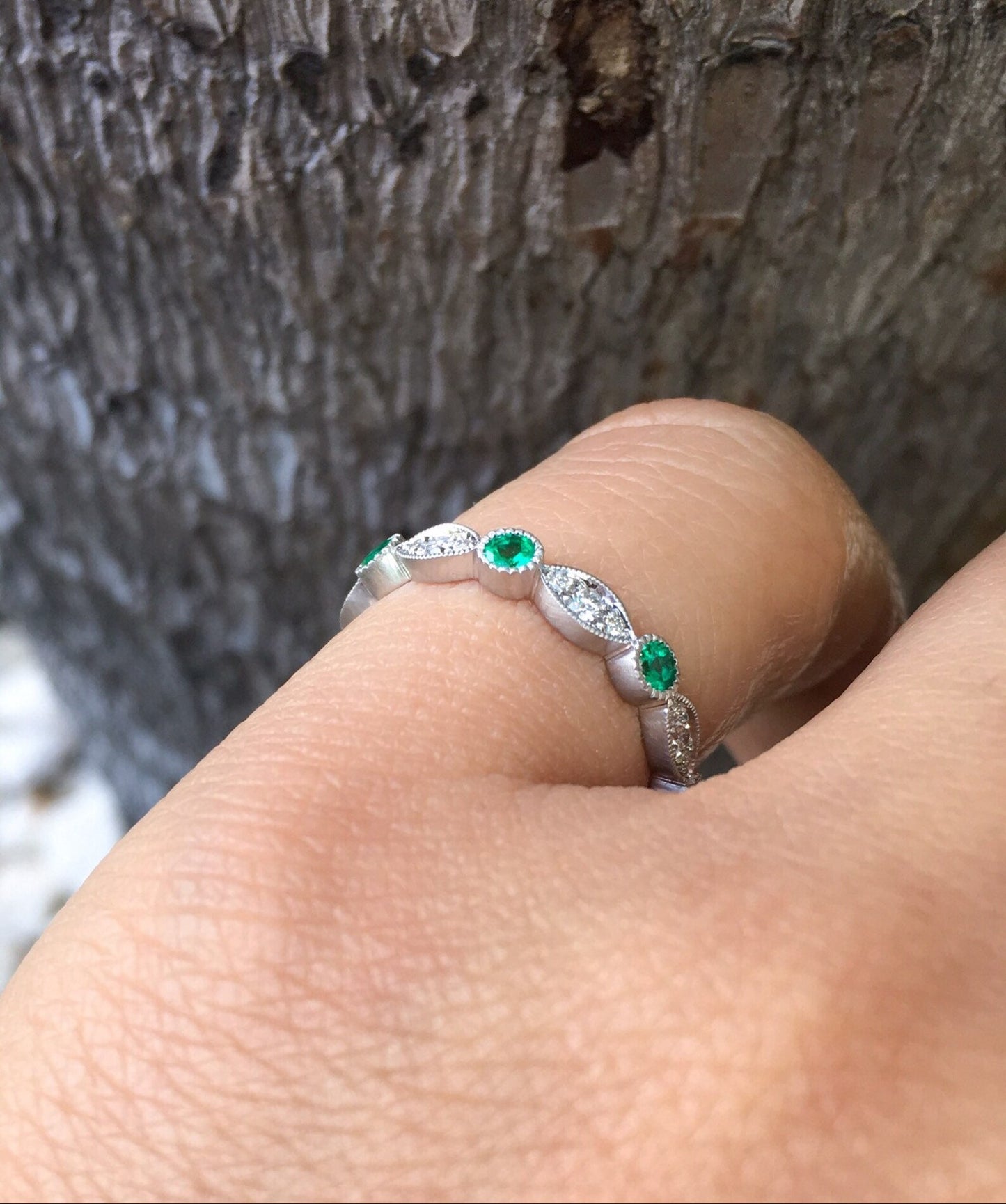 Marquise Round Emerald Diamond Band/ 3mm Milgrain Bezel Ring/ Alternating Emerald Diamond Marquise Dot Wedding, Anniversary Ring/ April May Two Birthstone Stacking Ring