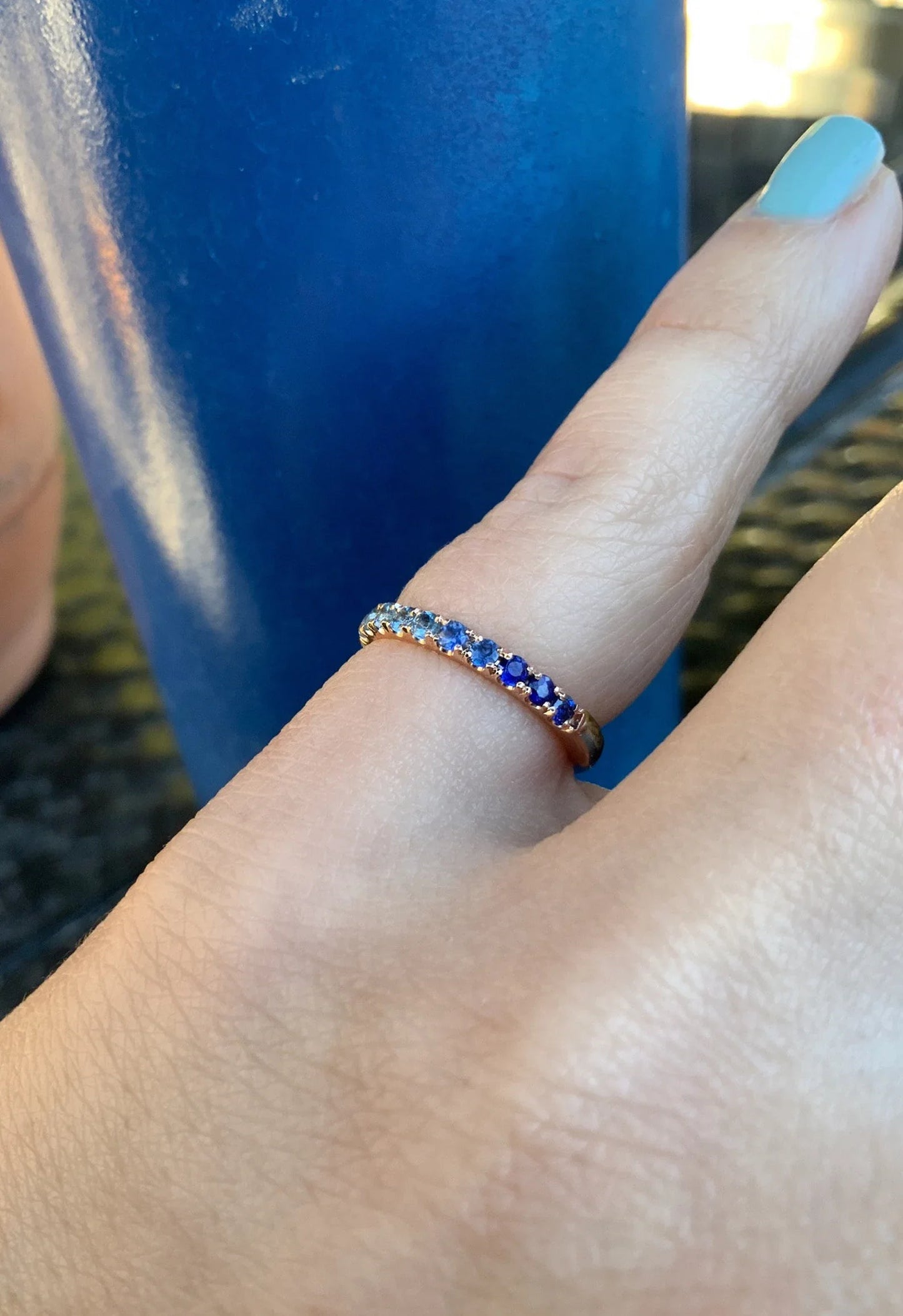 Reserved for Amber/ Diamond Wedding Band with Graduating Blue on Sides