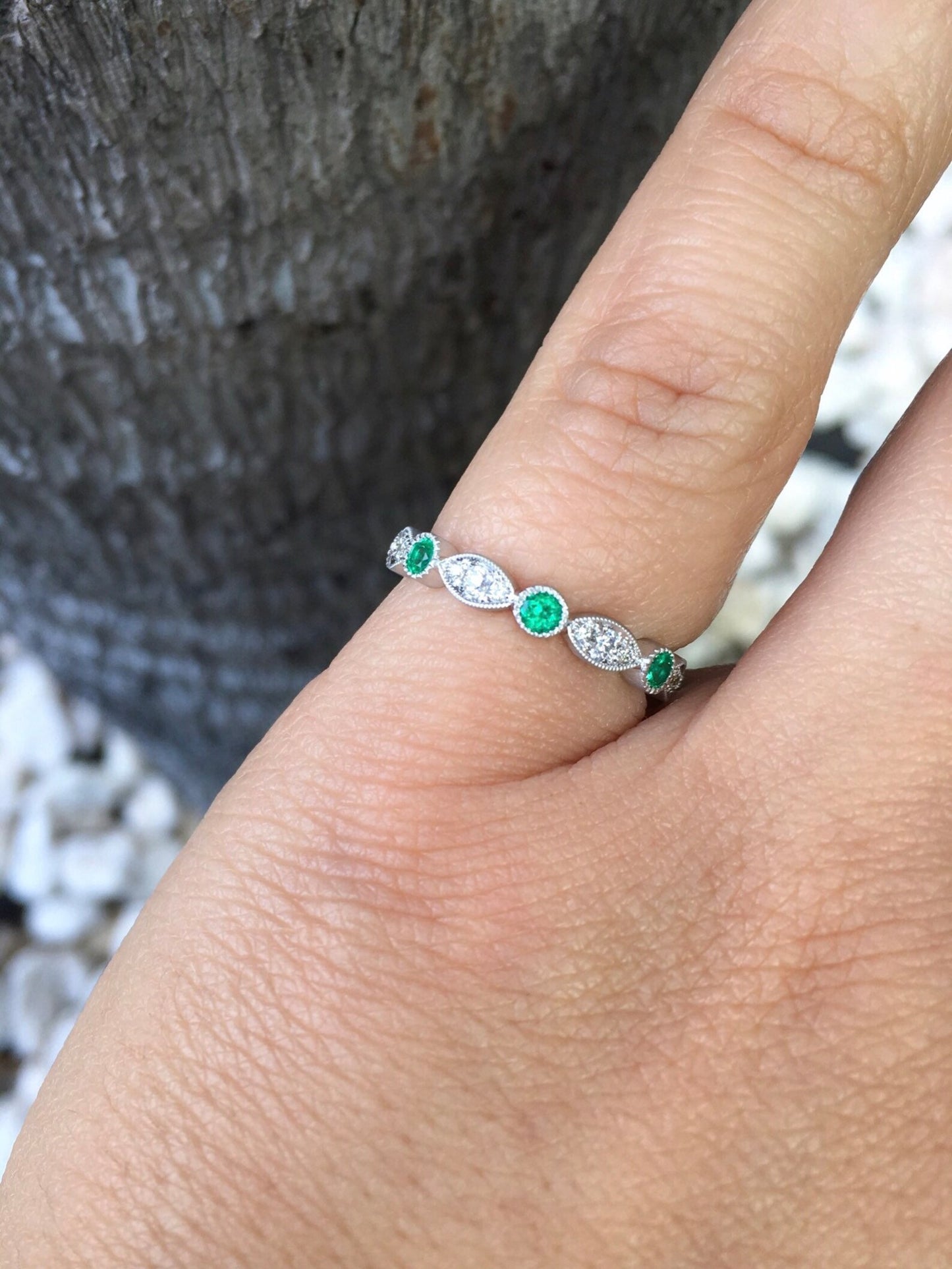 Marquise Round Emerald Diamond Band/ 3mm Milgrain Bezel Ring/ Alternating Emerald Diamond Marquise Dot Wedding, Anniversary Ring/ April May Two Birthstone Stacking Ring