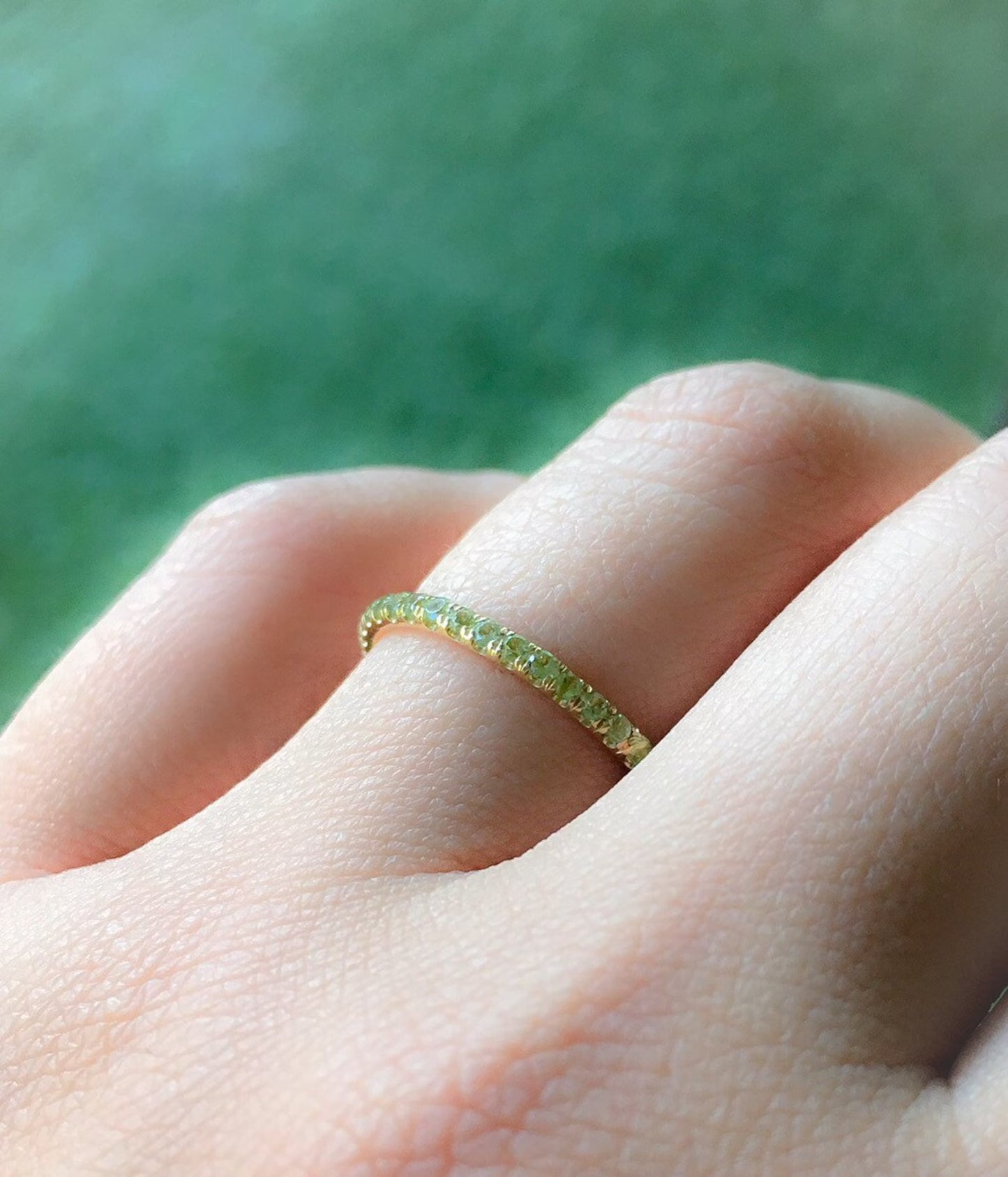 Peridot Band/ 1.8mm Pave Half Eternity Stacking Ring/ Wedding, Anniversary Band/ August Birthstone