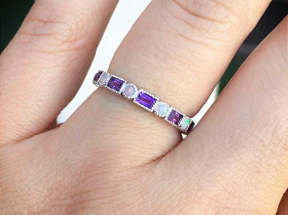 3mm Baguette Amethyst and Dot Opal Band