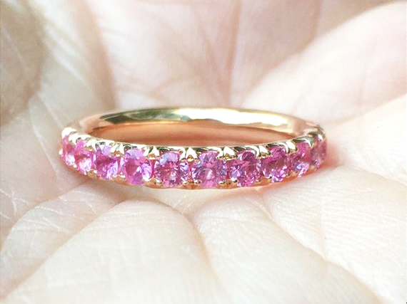 3mm Diamond Cut Round Pink Sapphire Half Eternity Band