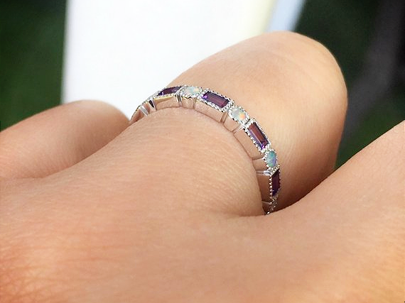 3mm Baguette Amethyst and Dot Opal Band