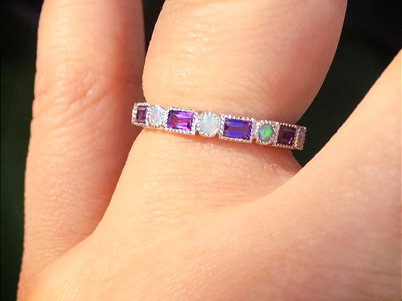 3mm Baguette Amethyst and Dot Opal Band