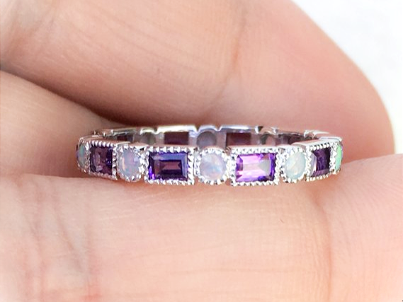 3mm Baguette Amethyst and Dot Opal Band