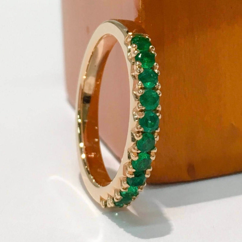 French Pave Emerald Ring/ 11 Stone Emerald Band/ Fishtail Emerald Stacking Ring/ May Birthstone, Anniversary Ring/ Gold or Platinum